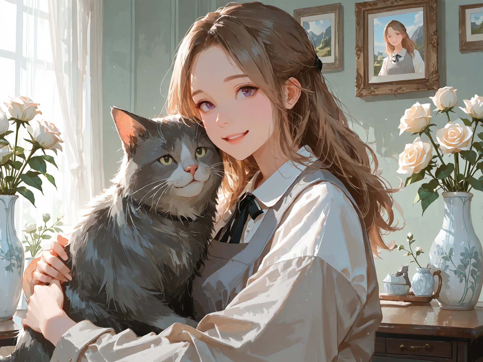 face close-up, front shot, makes an aesthetic, Master piece, Best Quality, ultra detailed, a beautiful girl, solo, looking at viewers, short light-brown hair, long hair, beautiful purple eyes, happy, smile, white and grey pinafore-dress, hug a Long-haired gray cat, bright room in background, white Rose Vase, beautiful side-table, no picture, fantasy world, morning,