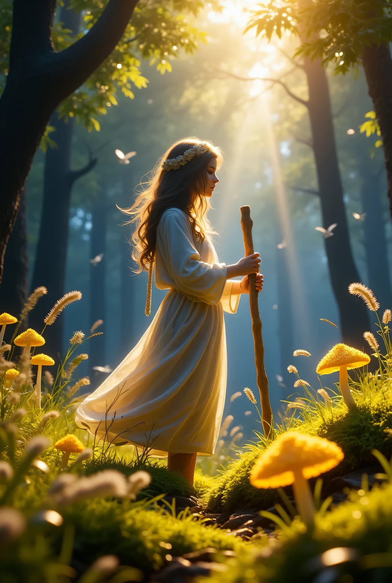 a detailed food diviner, highly detailed and realistic, divining rod for finding hidden food, searching for buried treasure of culinary delights, weathered old wood in hands, intense focus on the task, golden rays of light streaming through forest canopy, lush green moss-covered forest floor, birds chirping in the distance, mushrooms and wildflowers around the feet, 4k, ultra-detailed,photorealistic,physically-based rendering,extremely realistic,vivid colors,masterpiece