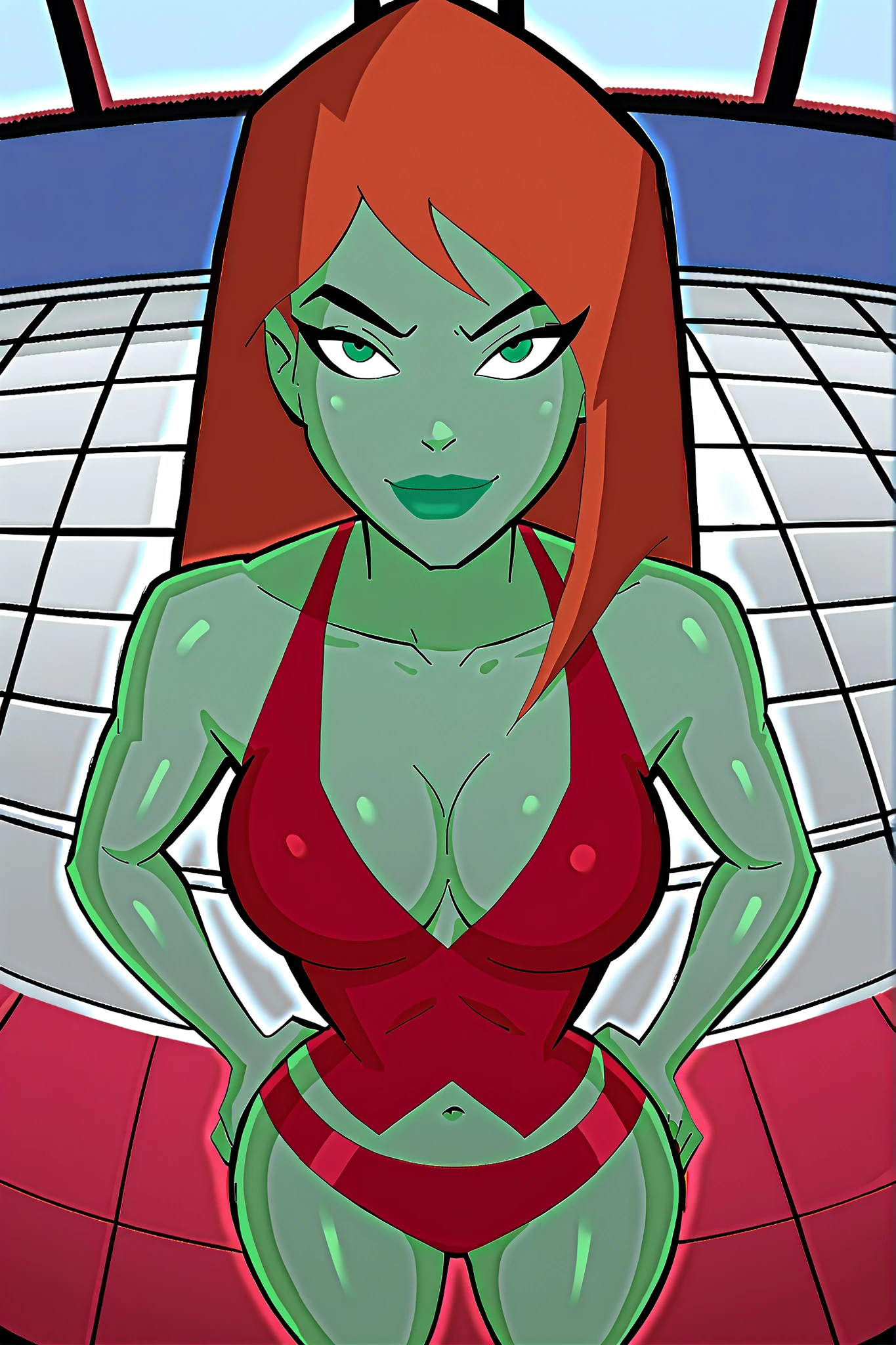 BREAK, score_6_up, score_7_up, score_8_up, score_9, 1girl, solo, green skin, green eyes, orange hair, green lipstick, makeup, Megan, superhero, very , busty, cleavage, curvy, athletic, looking at viewer, seducing viewer, teasing viewer, expression, smiling, closed mouth, bedroom eyes, crimson red top, crimson red bottom, indoors, pool, standing, closeup, portrait, upper body, high-angle view, dark blue eyeshadow, thick thighs, wide , hands on waist, midriff, shoulders