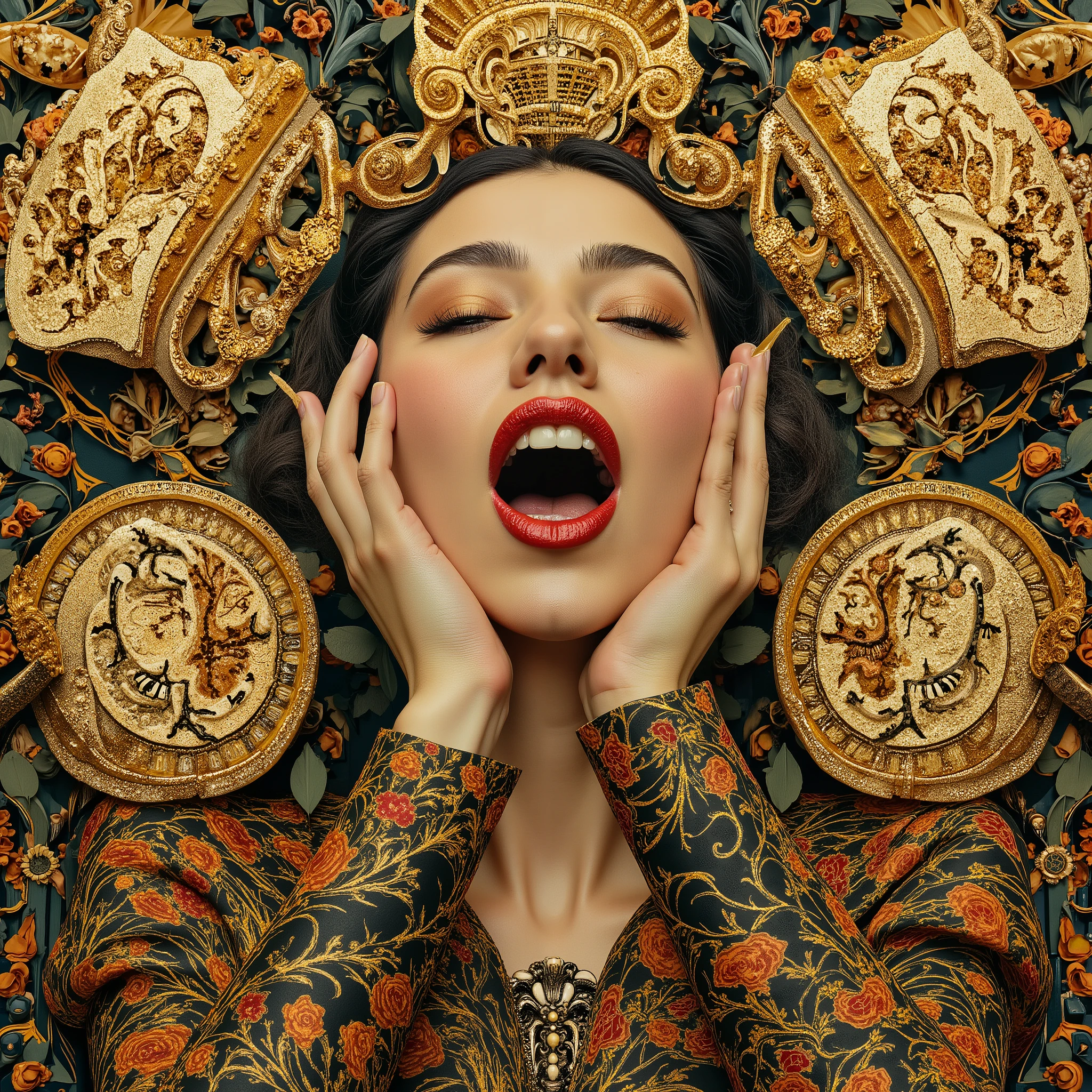 rinon ohshima,Detailed hand,Hand,Perfect hand,This work is、with abstract designs that emphasize decoration and symbolism、is lavishly decorated、The figure in the center has a wide open mouth、tooth、and is wearing an elaborate gown adorned with geometric and organic patterns、The background complements the costume、evokes a luxurious theme、is interspersed with intricate details、The rectangles and spirals filled with golden mosaics、emphasizes casual gold accents、This work is豪華さと芸術性を醸し出しています、The entire work is unified with gold and warm colors、and the gold theme is faintly felt、The gold leaf shimmers throughout the canvas、The composition exudes complexity and grandeur、are reminiscent of the Art Nouveau movement、depicts the contrast between elegance and grandeur、