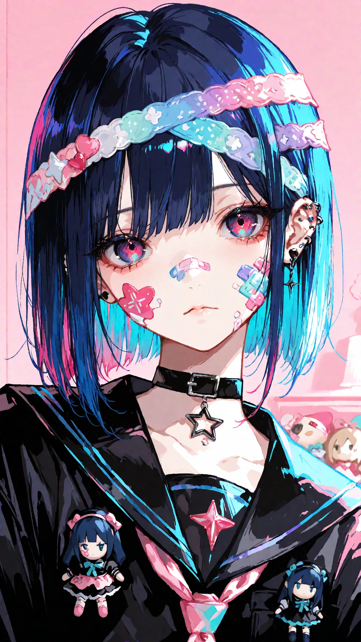Beautiful Illustration homepage illustration style, dark, high resolution, hard touch illustration, strong outline, two girls, gothic & lolita style, gothic & lolita fashion, 8k, American comic style, colorful background, Hiroyuki Nagasaka, aggressive, beautiful face, cool beauty, dress, beauty style, blue color, battle, Hard illustration, blue&pink hear,