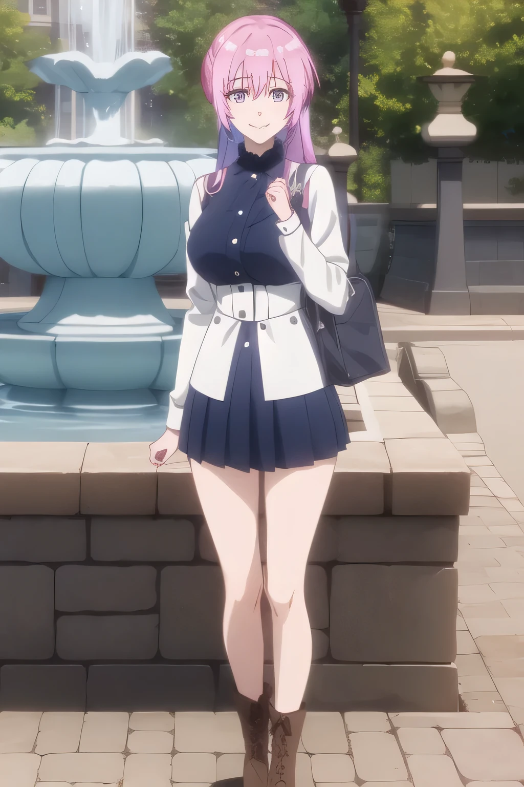 can you draw a woman with long pink hair,can you draw a nice smile,,White big breasted blouse,navy blue mini skirt,boots,Bare legs,Splendid Thighs,Beautiful legs,,OL ,pink hair long hair,Let's draw a more delicate expression,women with nice smiles,I need an anime CG,Face Trimming Prohibited,alone,I'm standing in a fountain park, Sunny,,,Even if my breasts are big and my waist is thin,Slender Even with Colossal Breasts,alone,anatomically accurate hand and leg expressions with vivid colors,can you delicately draw eyes and nose with clear, clear, and vivid colors,