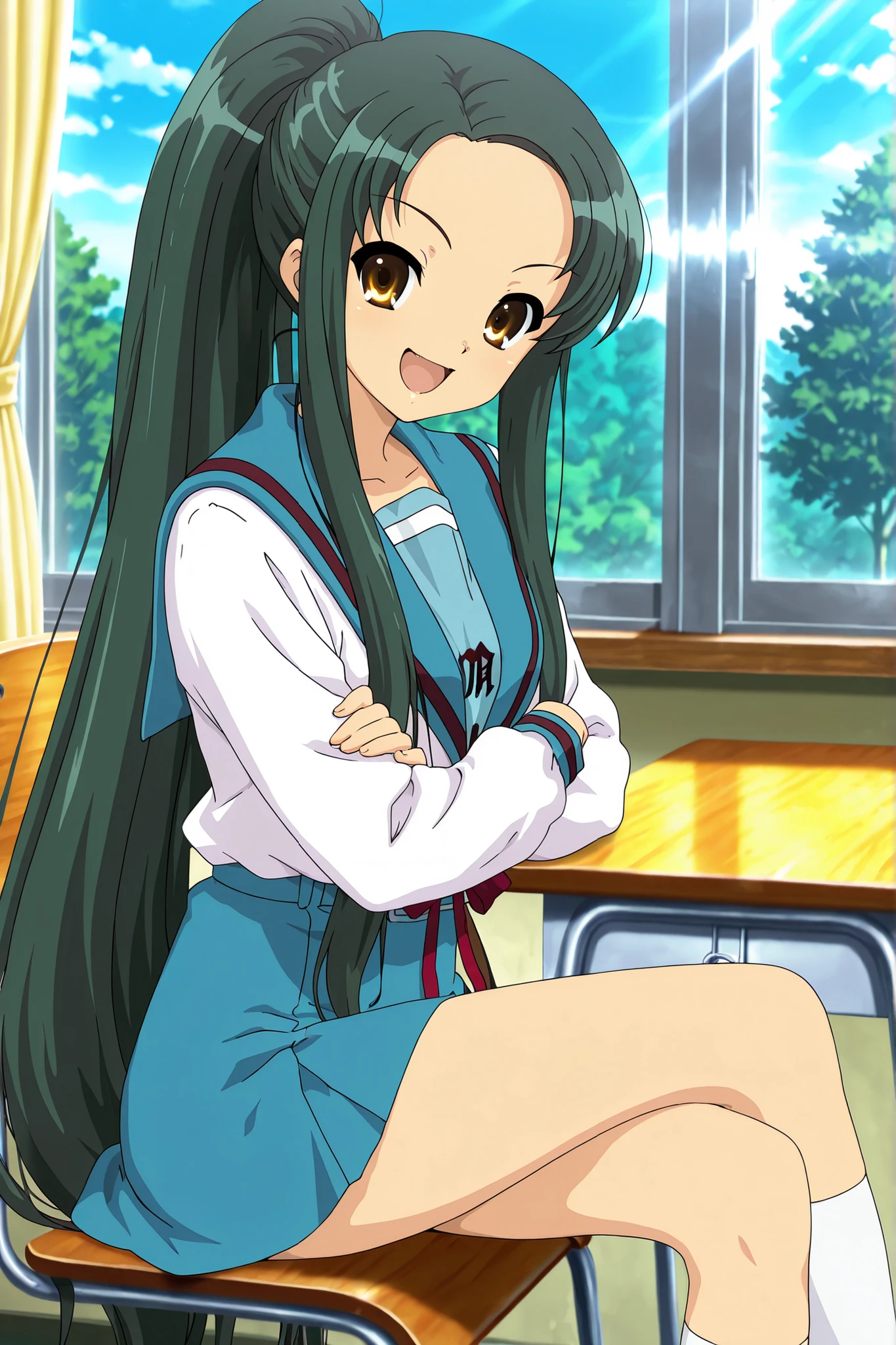 8K,HDR,best quality, high quality,amazing quality,highly detailed,ultra detailed,high resolution, absurdres, newest,(anime screencap:1),(anime coloring:1),(anime style:1),perfect eyes,detail1eye,well-defined fingers,(perfect :1), (perfect fingers,5 fingers:1),cowboy shot,from side,from above,dynamic angle,
BREAK
1girl,solo,"tsuruya \ (suzumiya_haruhi_no_yuuutsu \)",tsuruya_il,green hair, brown eyes, very long hair, ponytail,parted bangs,
sailor collar, blue sailor collar, kita high school uniform, long sleeves, red ribbon, school uniform, serafuku,skirt, blue skirt, knee highs, white socks, uwabaki,
BREAK
happy,smile,open mouth,closed eyes,looking at viewer,sitting,(crossed legs), (crossed arms),
BREAK
indoors,classroom,school chair,school desk,curtains,window,day,blue sky,trees,sunlight,shallow depth of field