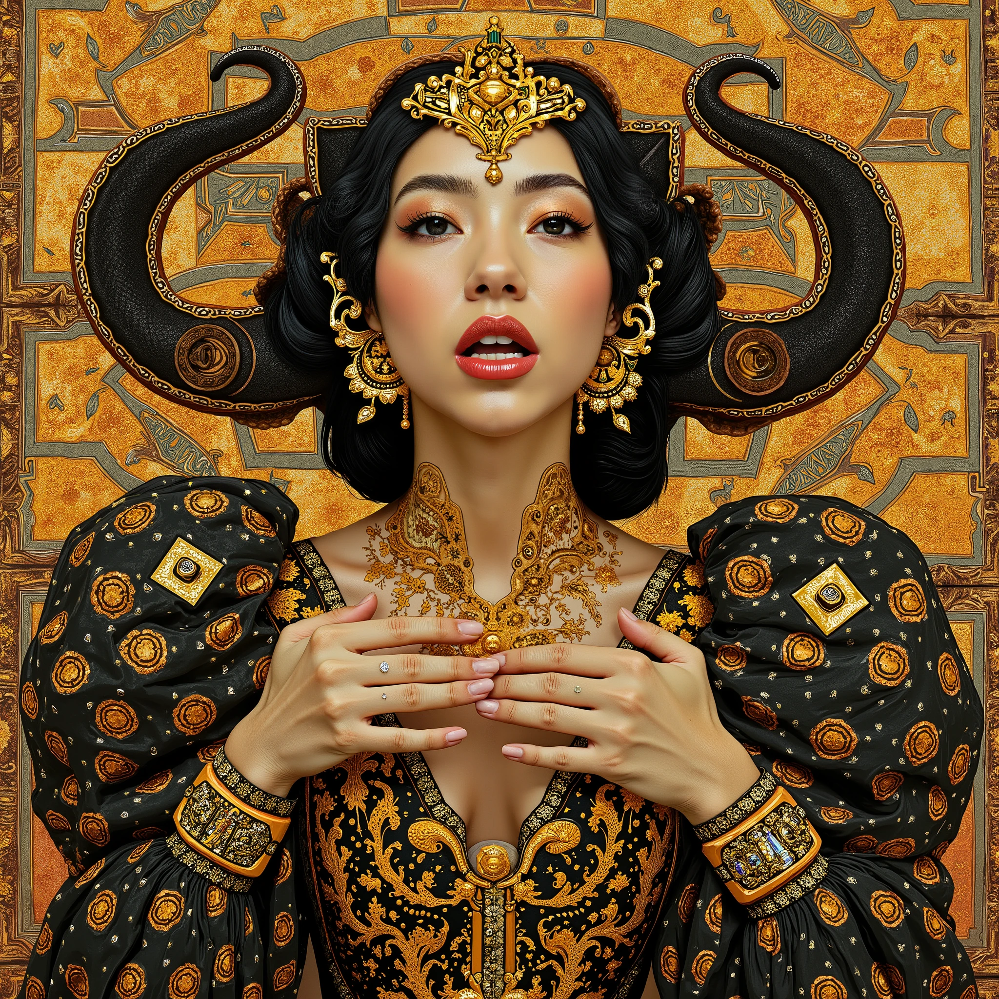 rinon ohshima,Detailed hand,Hand,Perfect hand,This work is、with abstract designs that emphasize decoration and symbolism、is lavishly decorated、The figure in the center has a wide open mouth、tooth、and is wearing an elaborate gown adorned with geometric and organic patterns、The background complements the costume、evokes a luxurious theme、is interspersed with intricate details、The rectangles and spirals filled with golden mosaics、emphasizes casual gold accents、This work is豪華さと芸術性を醸し出しています、The entire work is unified with gold and warm colors、and the gold theme is faintly felt、The gold leaf shimmers throughout the canvas、The composition exudes complexity and grandeur、are reminiscent of the Art Nouveau movement、depicts the contrast between elegance and grandeur、