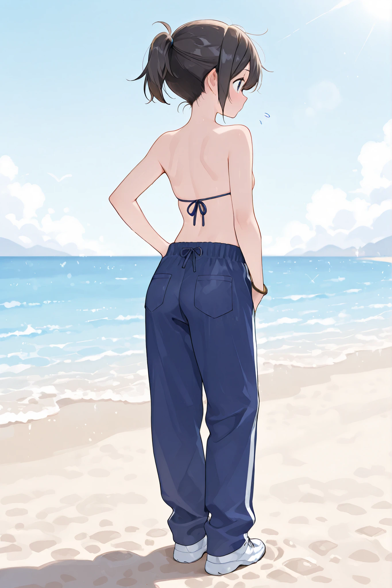 ten year old boy 、topless、After Sun Bikini Top、Mens Swimsuit Pants、sandy beach、is embarrassing 、moment you notice、cute face、Short Hair Ponytail、full body view、nsfw
