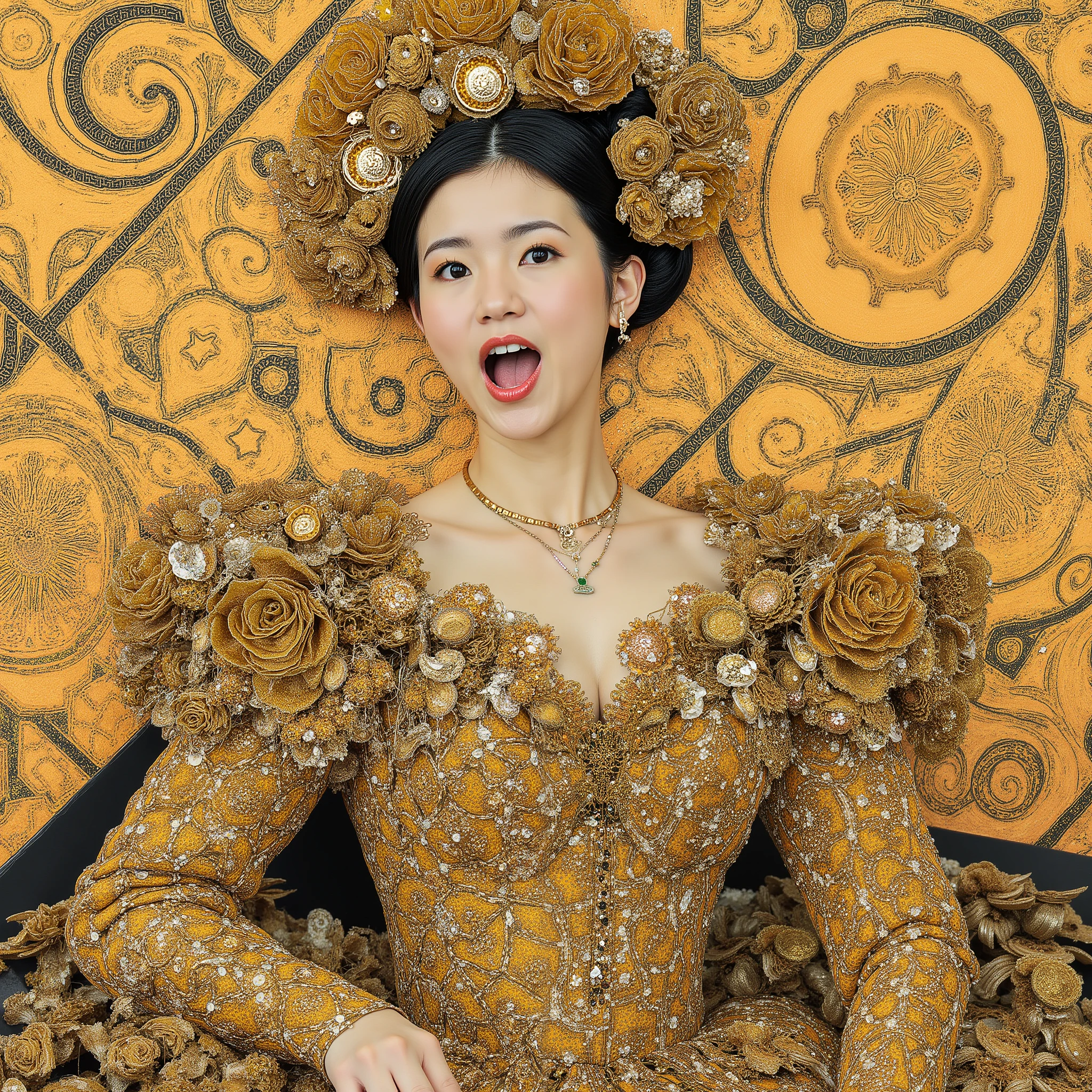 rinon ohshima,Detailed hand,Hand,Perfect hand,This work is、with abstract designs that emphasize decoration and symbolism、is lavishly decorated、The figure in the center has a wide open mouth、tooth、and is wearing an elaborate gown adorned with geometric and organic patterns、The background complements the costume、evokes a luxurious theme、is interspersed with intricate details、The rectangles and spirals filled with golden mosaics、emphasizes casual gold accents、This work is豪華さと芸術性を醸し出しています、The entire work is unified with gold and warm colors、and the gold theme is faintly felt、The gold leaf shimmers throughout the canvas、The composition exudes complexity and grandeur、are reminiscent of the Art Nouveau movement、depicts the contrast between elegance and grandeur、