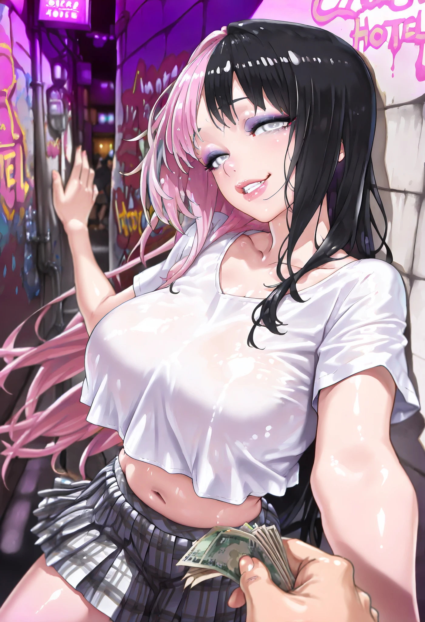 (masterpiece), (best quality), (ultra-detailed), amazing quality, very aesthetic, illustration, perfect composition, intricate details, absurdres, incredibly absurdres, shiny skin, realistic, (((long black hair and pink hair split color hair))), white eyes, corruptR, makeup, eyeshadow, half-closed eyes, empty eyes, shiny skin, shiny clothes,1girl, beautiful face, detailed eyes, hourglass body, mature female, side view, pov, looking at viewer, dutch angle, navel, large breasts, grin, fat lips, collarbone, white sexy fit, plaid pleated skirt,shirt overhang, reaching to grab money, money, alley, (graffiti), love hotel,night,leaning back, against wall, people in background, ((style003))