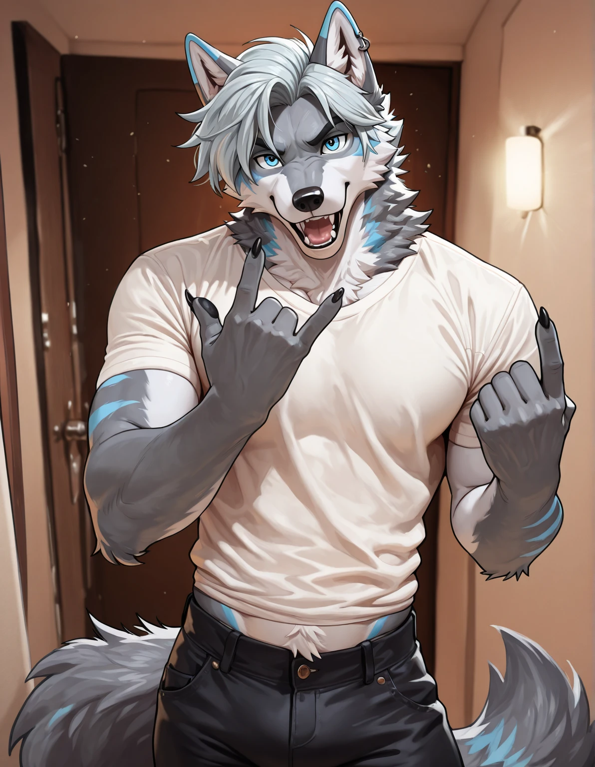 (1boy), solo, male, kemono, (blue wolf), white torso, (), wolf ears, handsome, muscular, adult, hunk, hot body, (detailed black eyes), detailed face, detailed hands, white eyebrows, (1 detailed big hard  ), thick body, , (full-body), pectoral, a wolf tail, masterpiece, high res, best quality), 8k, perfect art, (), (lineart), best , at home