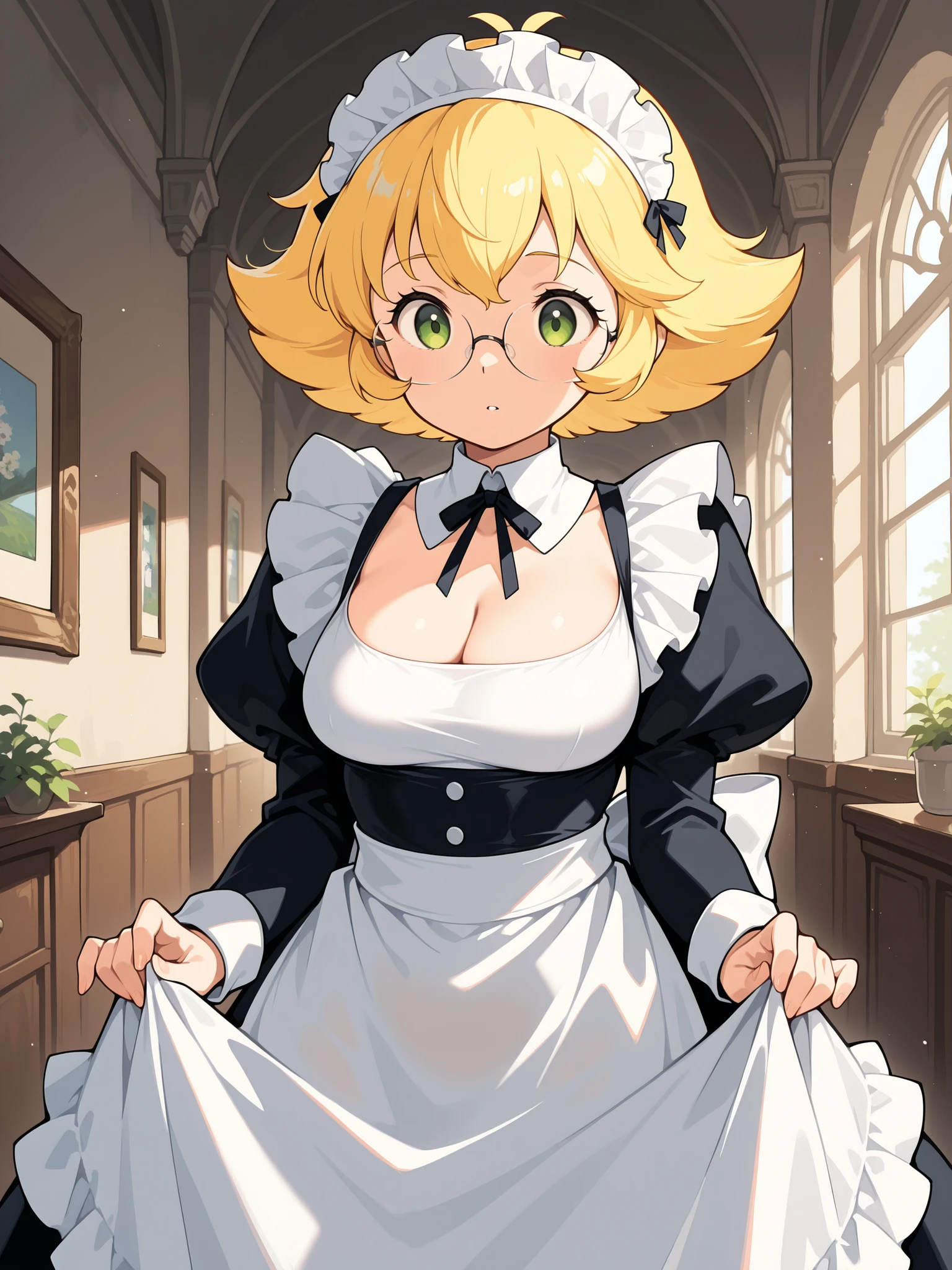 (masterpiece, Upper parts), incredible quality, muy estético, absurd, high resolution, NEW , HDR-10, 8K, cinematic, professional photo, chica, ((( :1))), , Shortstack clothing, (Small but curvy), glasses, Dressed as a French anime maid, blonde, Green Eyes, cleaning, front view, (((innocent expression))), (((neckline))), impressive, Mansion environment, of goose, It is being observed, subsurface dispersion, translucent, brilliant, SSS, of the highest quality, atmospheric haze , IllustrationsP0s , (super quality:1.2), very excited