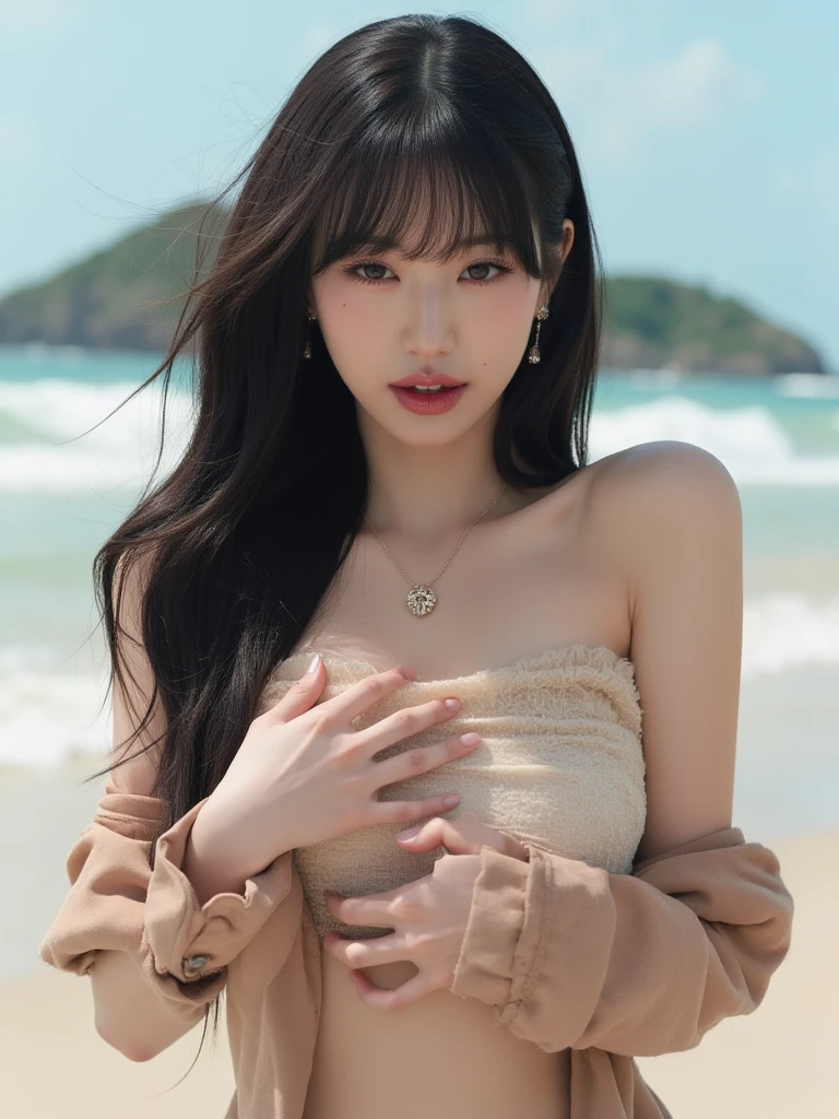 Beautiful woman with perfect body：1.4，Prominent cleavage，Layered Hairstyle，Highly detailed face and skin textures，Double eyelids，Skin Whitening，Long hair，Whitened long legs，（Maid Costume，necklace），Standing by the sea，Half-length photo