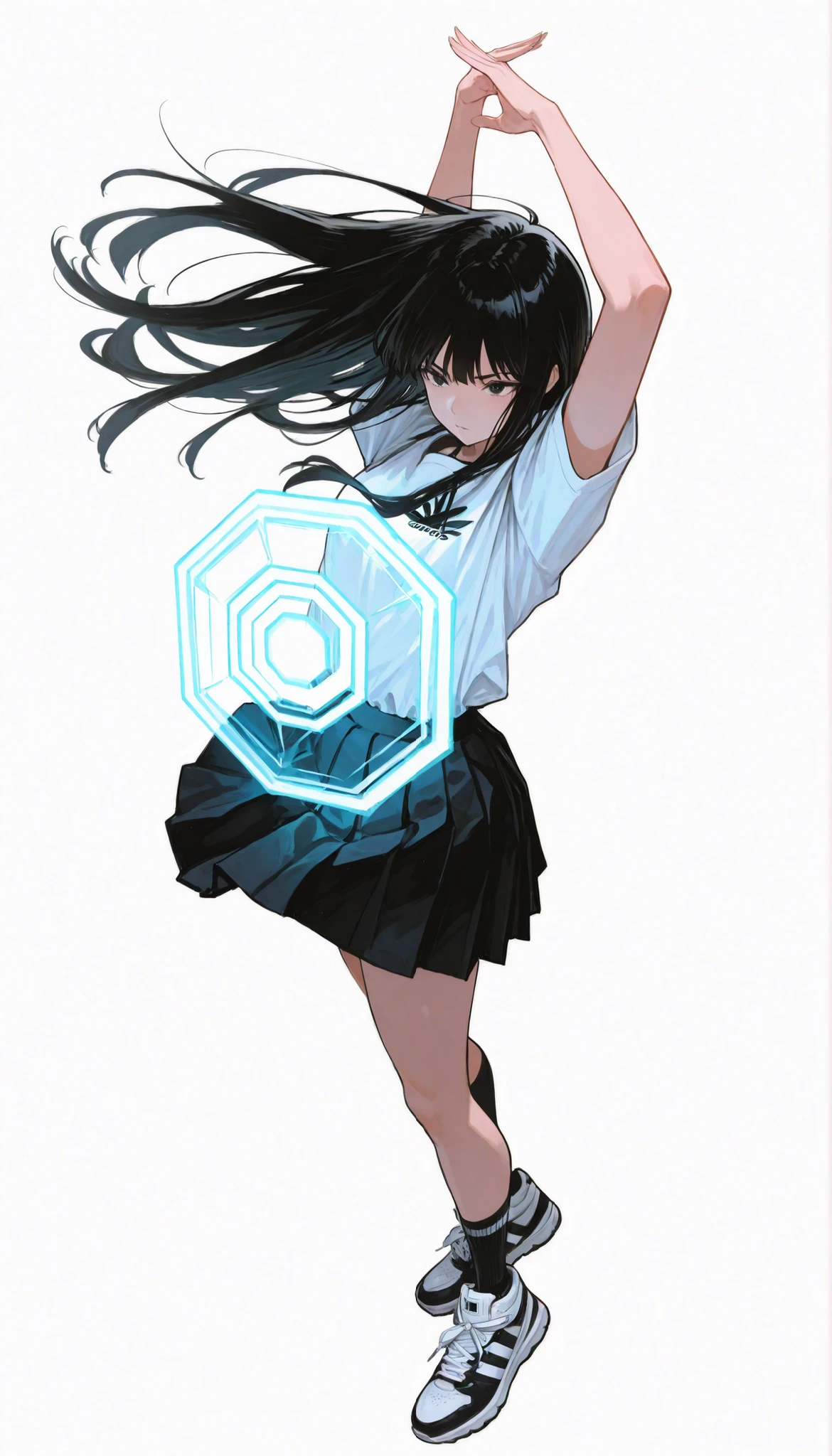 Japanese woman wearing blouse shirt and miniskirt,high school girl、uniform、long black hair,straight long hair、princess cut, pleated skirt flap dynamically, The black knee socks and the white2Main line , Adidas tech sneakers , Pose, dynamic angle, getting ready for battle, ダイナミックなPose, neon light, simple background, white background/破れたuniform/atfield to front, energy barrier, transparent barrier, atfield in front of the charanter, character_partially_occluded, octagonal pattern,Highest Image Quality、4K、