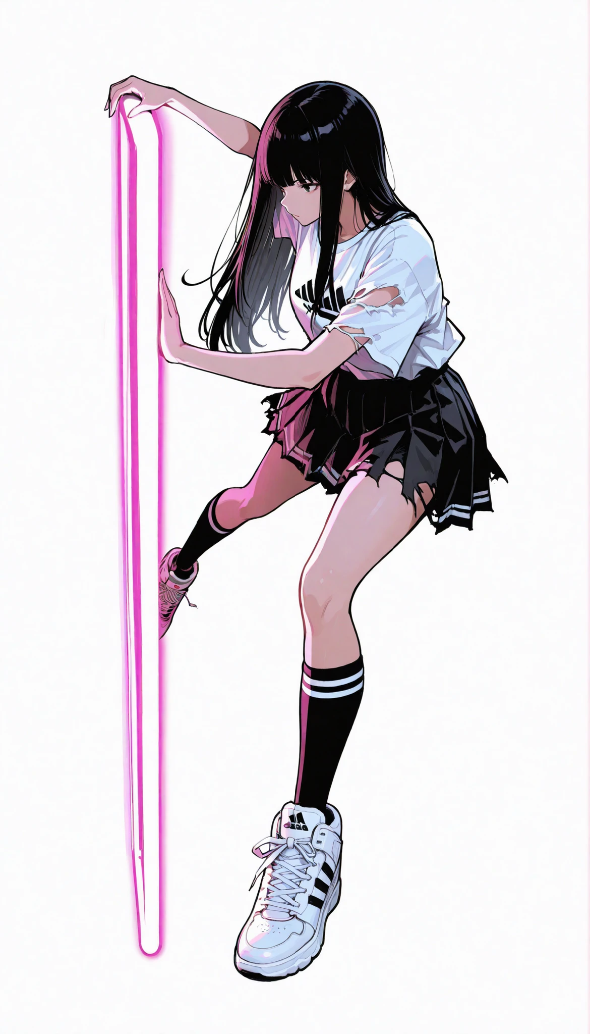 Japanese woman wearing blouse shirt and miniskirt, long black hair,straight long hair、princess cut, Chest, Disconnect, excessive pressure, pleated skirts were dynamically reversed, Thigh Knee Socks, Adidas tech sneakers, Everyday Life , Pose, dynamic angle, getting ready for battle, ダイナミックなPose, neon light, simple background, white background/torn uniform/