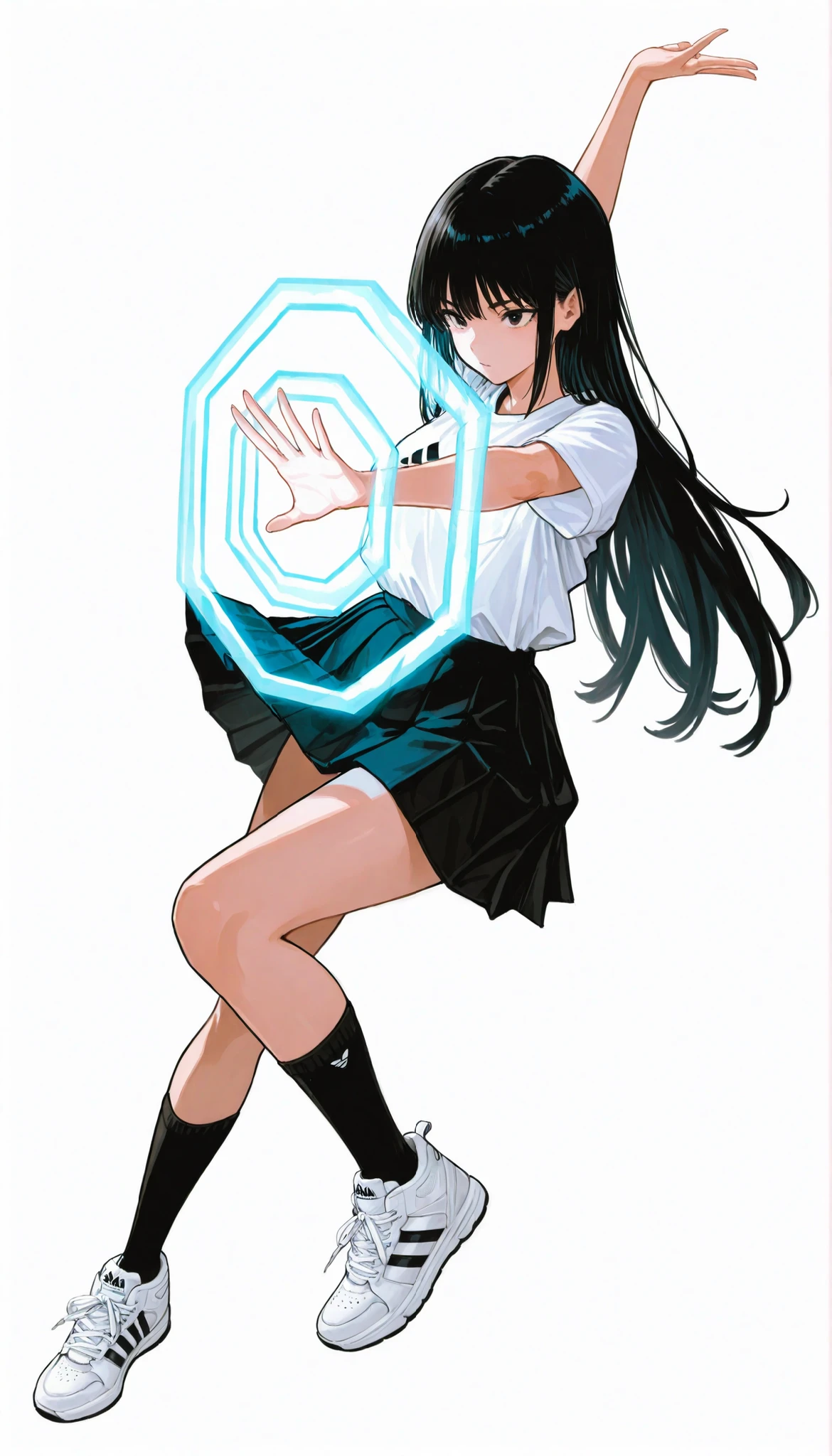 Japanese woman wearing blouse shirt and miniskirt,high school girl、uniform、long black hair,straight long hair、princess cut, pleated skirt flap dynamically, The black knee socks and the white2Main line , Adidas tech sneakers , Pose, dynamic angle,Tai Chi, ダイナミックなPose, neon light, simple background, white background/破れたuniform/atfield to front, energy barrier, transparent barrier, atfield in front of the charanter, character_partially_occluded, octagonal pattern,Highest Image Quality、4K、