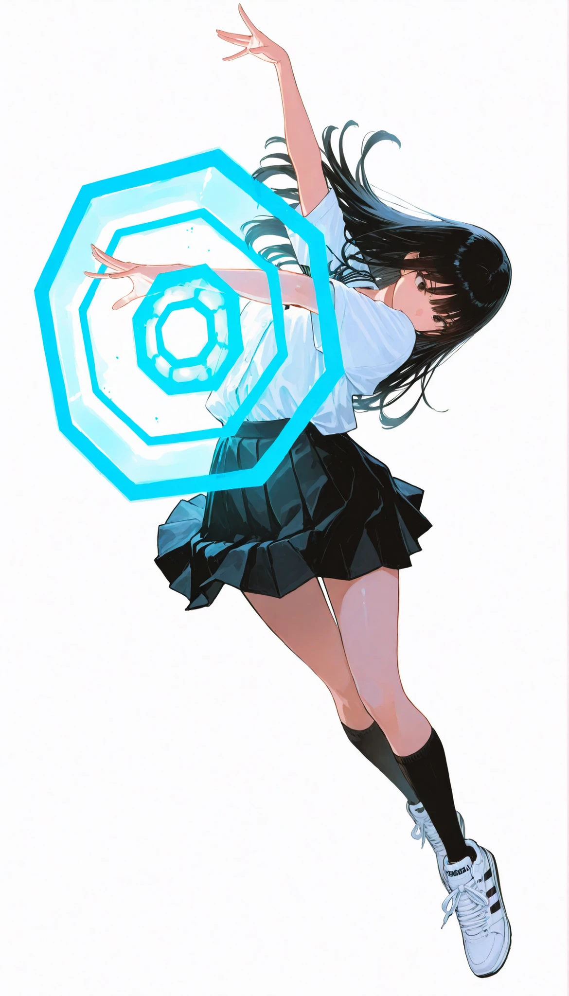 Japanese woman wearing blouse shirt and miniskirt,high school girl、uniform、long black hair,straight long hair、princess cut, pleated skirt flap dynamically, The black knee socks and the white2Main line , Adidas tech sneakers , Pose, dynamic angle,Tai Chi, ダイナミックなPose, neon light, simple background, white background/破れたuniform/atfield to front, energy barrier, transparent barrier, atfield in front of the charanter, character_partially_occluded, octagonal pattern,Highest Image Quality、4K、