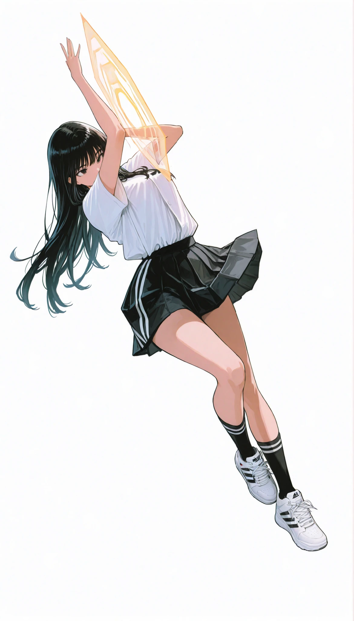 Japanese woman wearing blouse shirt and miniskirt,high school girl、uniform、long black hair,straight long hair、princess cut, pleated skirt flap dynamically, The black knee socks and the white２Main line , Adidas tech sneakers , Pose, dynamic angle,Tai Chi, ダイナミックなPose, neon light, simple background, white background/破れたuniform/atfield to front, energy barrier, transparent barrier, atfield in front of the charanter, character_partially_occluded, octagonal pattern,Highest Image Quality、4Ｋ、