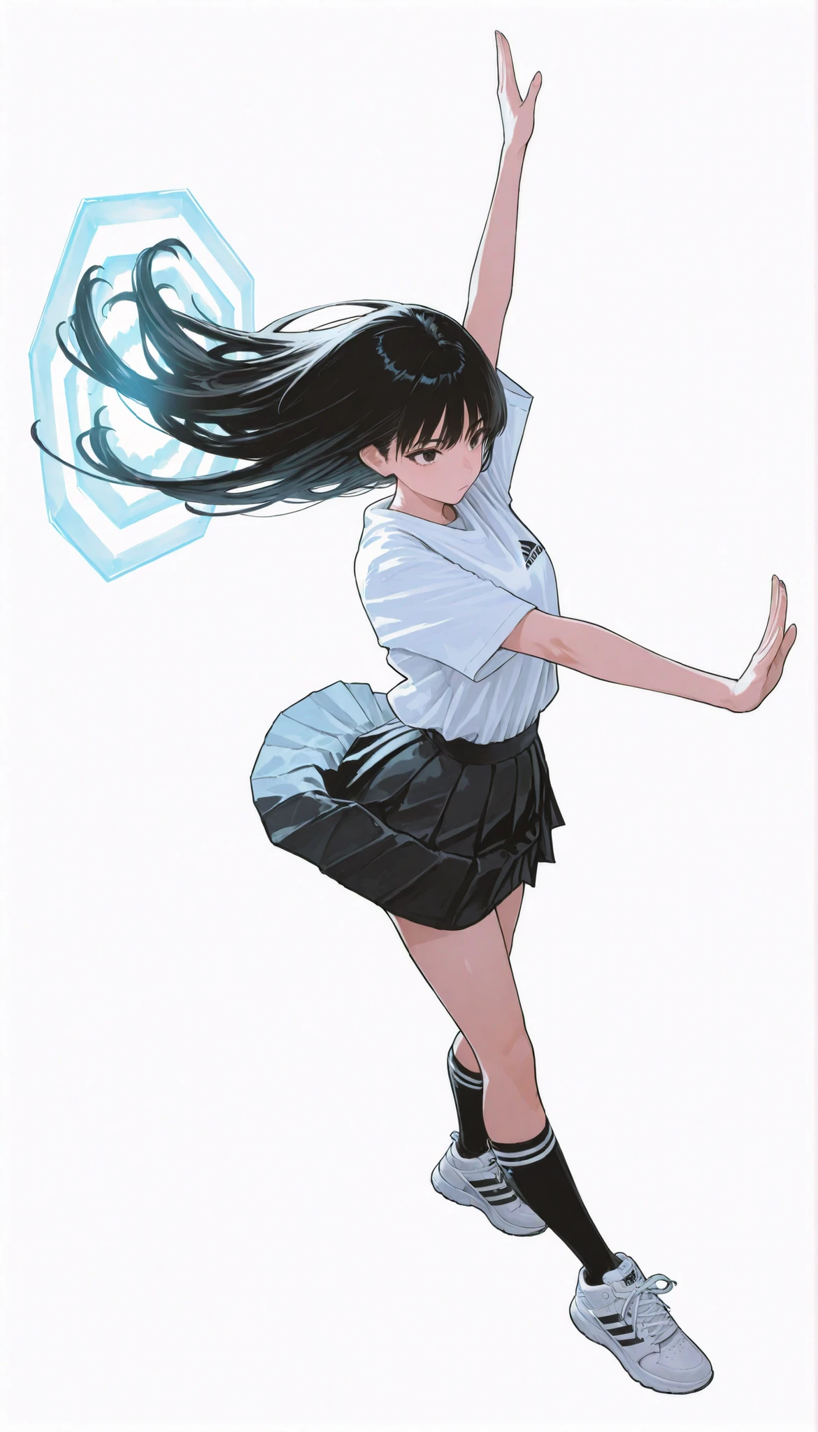 Japanese woman wearing blouse shirt and miniskirt,high school girl、uniform、long black hair,straight long hair、princess cut, pleated skirt flap dynamically, The black knee socks and the white２Main line , Adidas tech sneakers , Pose, dynamic angle,Tai Chi, ダイナミックなPose, neon light, simple background, white background/破れたuniform/atfield to front, energy barrier, transparent barrier, atfield in front of the charanter, character_partially_occluded, octagonal pattern,Highest Image Quality、4Ｋ、