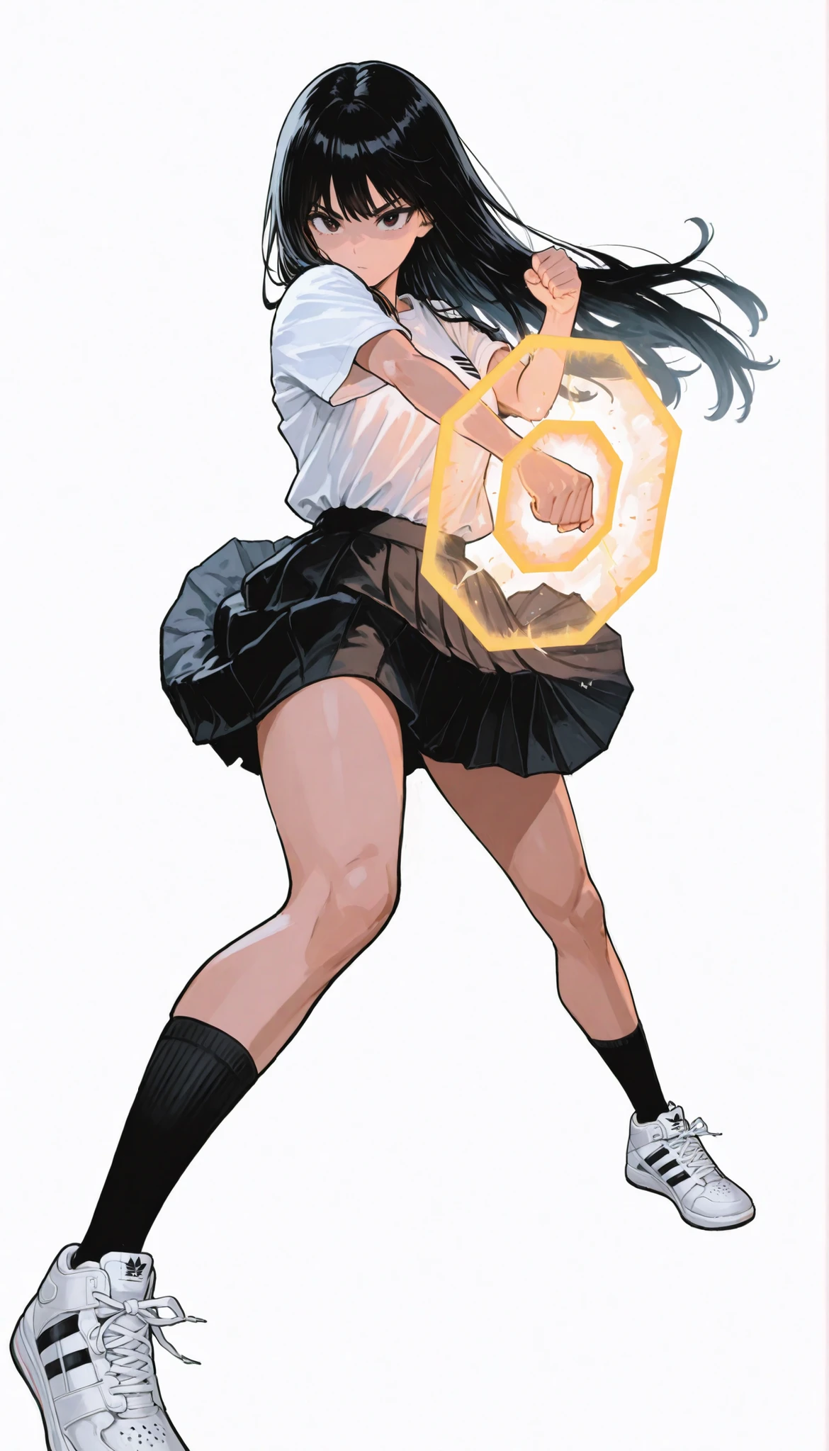 Japanese woman wearing blouse shirt and miniskirt,high school girl、uniform、long black hair,straight long hair、princess cut, pleated skirt flap dynamically, The black knee socks and the white2Main line , Adidas tech sneakers , Pose, dynamic angle,kick boxing, ダイナミックなPose, neon light, simple background, white background/破れたuniform/atfield to front, energy barrier, transparent barrier, atfield in front of the charanter, character_partially_occluded, octagonal pattern,Highest Image Quality、4K、