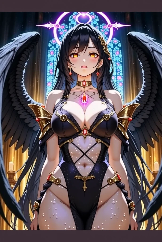 tiara, dress, showgirl skirt, long hair, black hair, red eyes, hair between eyes, cleavage, ?????????????, ???? thighs, ???? shoulder, thighighs, panties, navel, sleeveless, midriff,