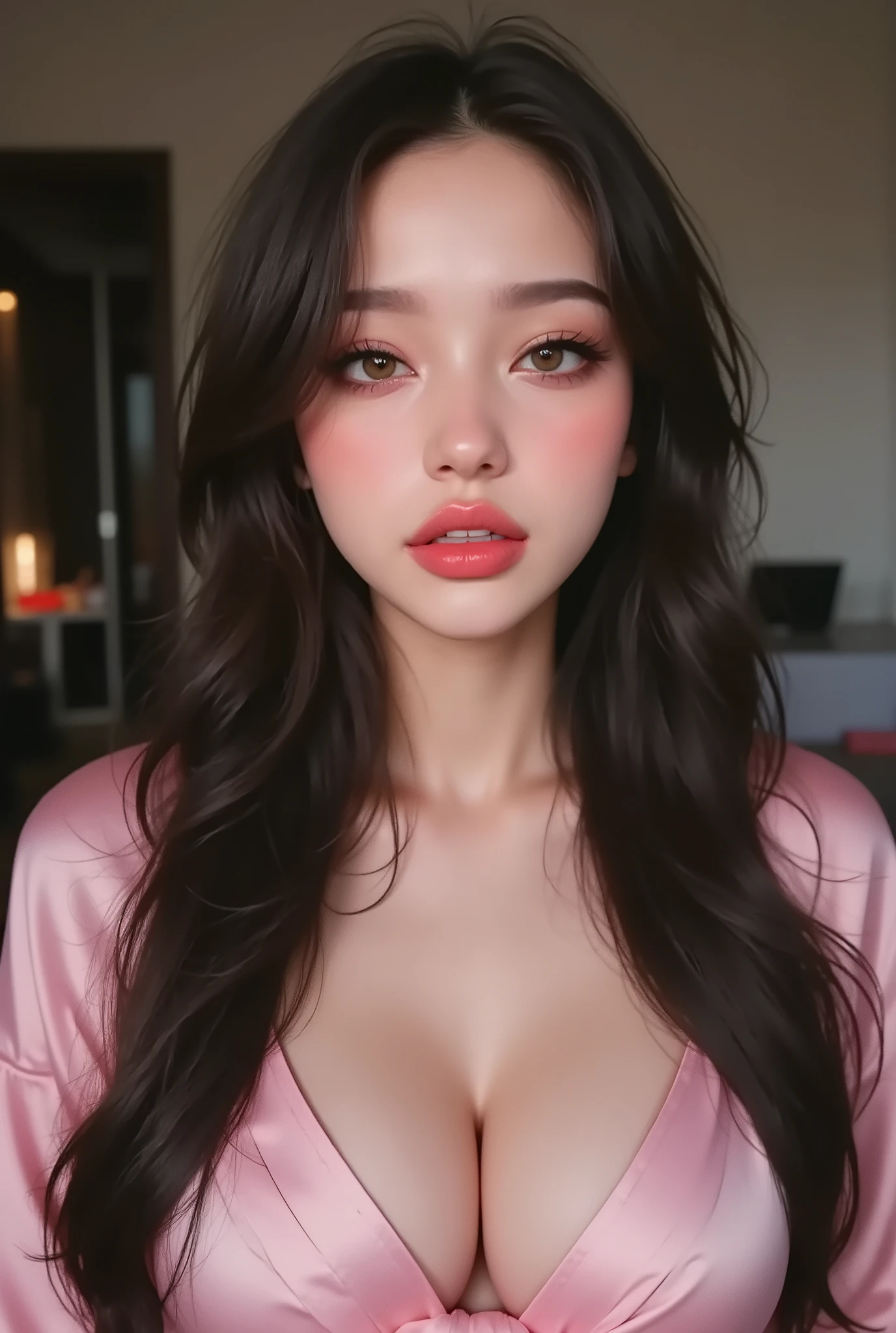 Mexican woman, satin pink blouse, red thick lips, long wavy hair, background indoor home, skin brown, High Resolution, High Details, Best Quality.