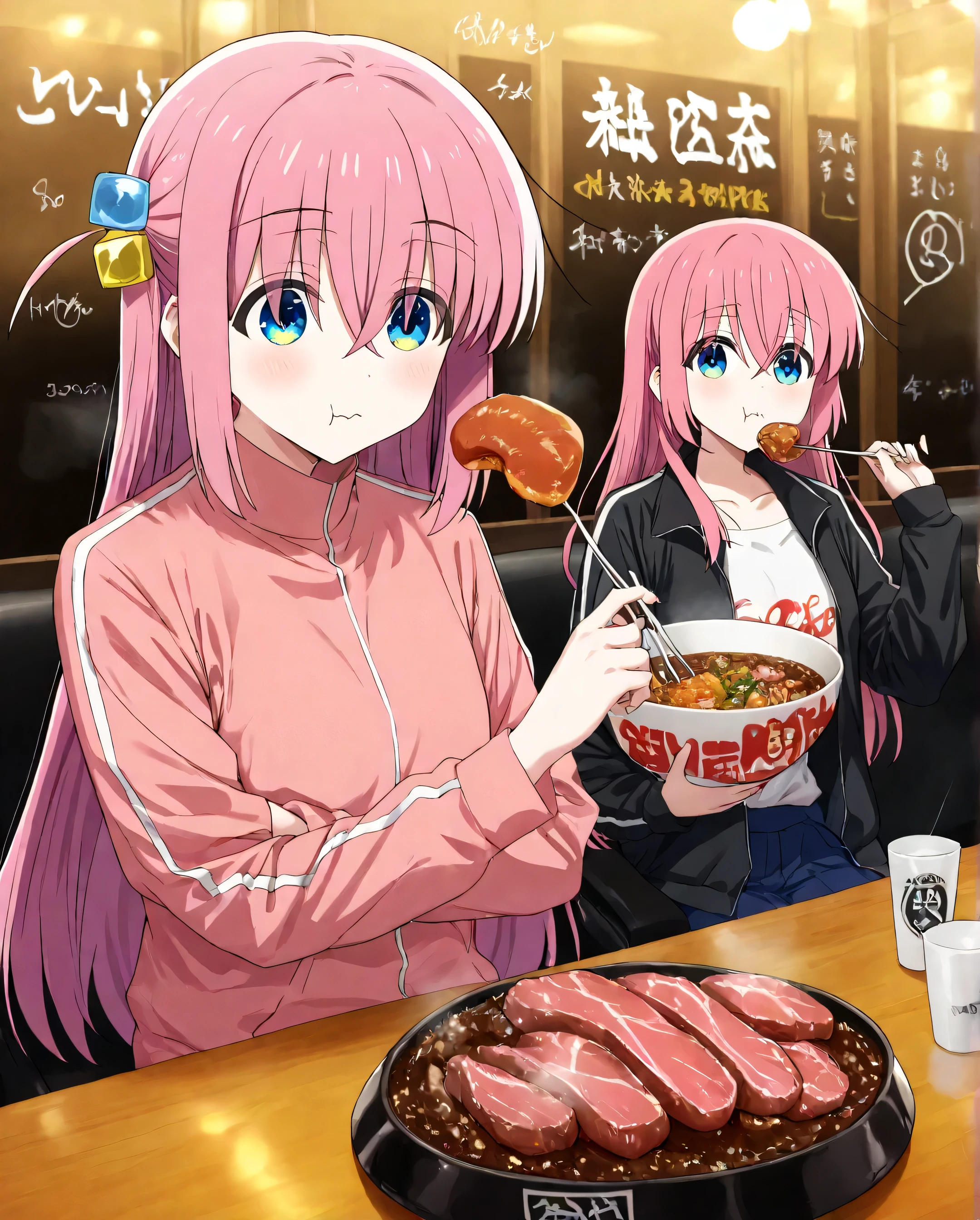glow,hitori gotou, blue eyes, cube hair ornament, hair between eyes, hair ornament, pink hair, one side up, long hair,, top quality、 Masterpiece、 Bocchi the Roku、 1 girl、Goto alone、 Pink Hair、Eating a beef bowl at a beef bowl restaurant, black jacket, an eyes with an exaggerated a symbol of excitement, (((nostalgia, 