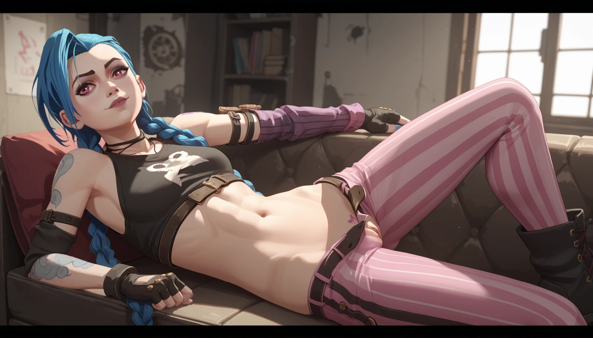 Jinx young pussy out, woman with blue hair and tattoos, long hair , short hair, navel, bare shoulders visible , with mouth closed, highlighted sleeves , is lying on the sofa, Spreads her legs, neckline, Abandoned room, fingerless gloves, pink eyes , double braids, short t-shirt nude , detailed background , against the backdrop of a destroyed room, letterboxado tattoo , black belt, asymmetric bangs , brown stripe, arm tattoo , brown shirt, shoulder tattoo , belly tattoo, Striped pants pussy out slowly , striped sleeves, pink pants , Jinx Лига Легенд, ambient lighting " ,new, Well NSFW +18