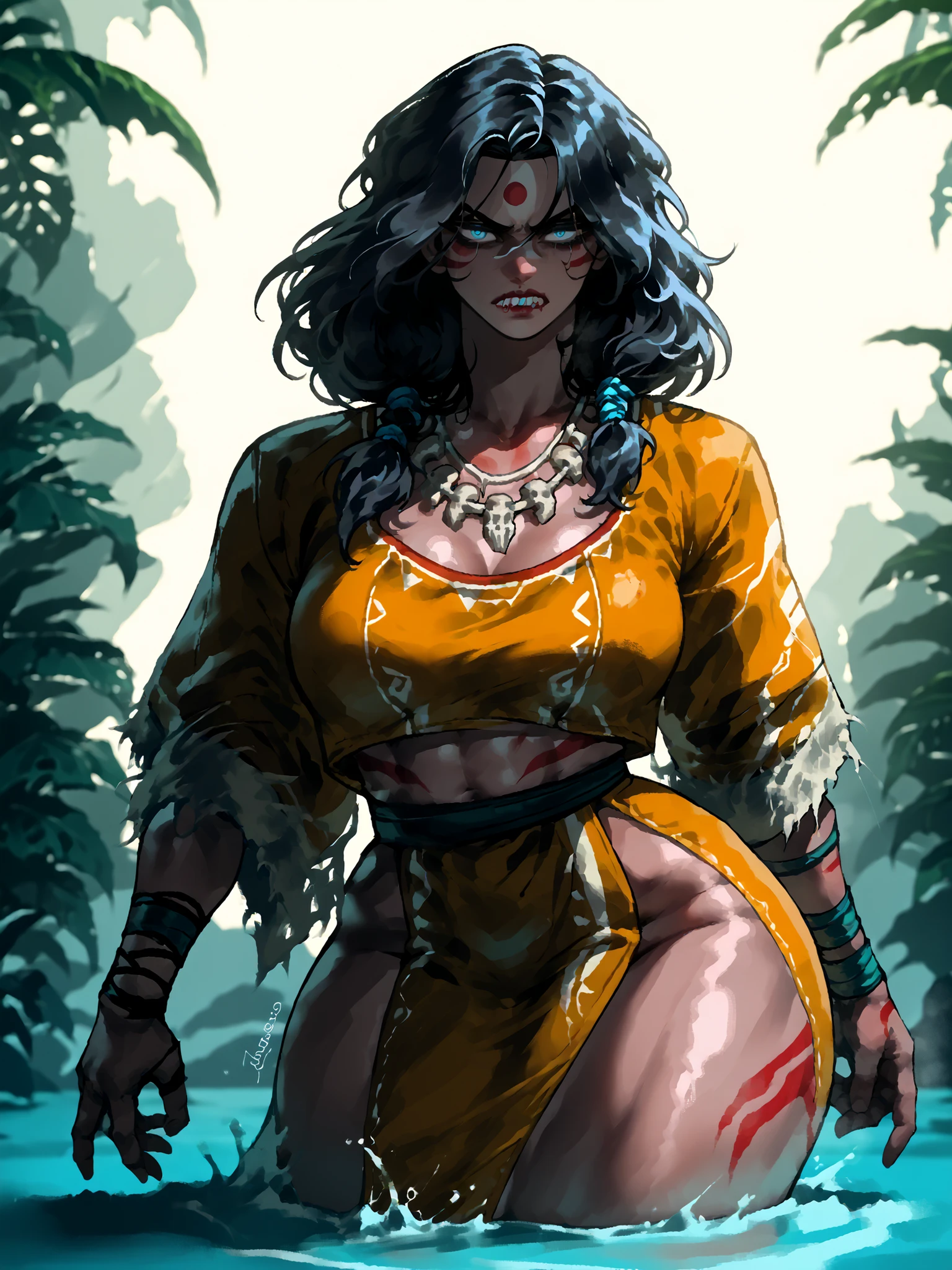 Ultra high quality, 1 tribal warrior girl standing waist-deep in clear tropical water, bright daylight, sunlit ocean surface, reflections dancing on her skin, very brown skin, extremely curvaceous and muscular body, large breasts, wide hips, thick thighs, minimal waistline, smooth and shiny skin, no tattoos, confident and dominant stance, facing the viewer directly, squinty icy blue eyes, calm and disdainful expression, soft neutral lips, wild, voluminous, untamed black hair with tribal texture, bone necklace with sharp teeth, tight leather top, long flowing skirt partially submerged, subtle pubic hair visible over the fabric, cinematic lighting, soft shadows, clean lines, soft highlights, stylized anatomy, semi-realistic anime inspired style, stylized semi-cartoon aesthetic, primal elegance, radiant tribal presence, serene yet imposing