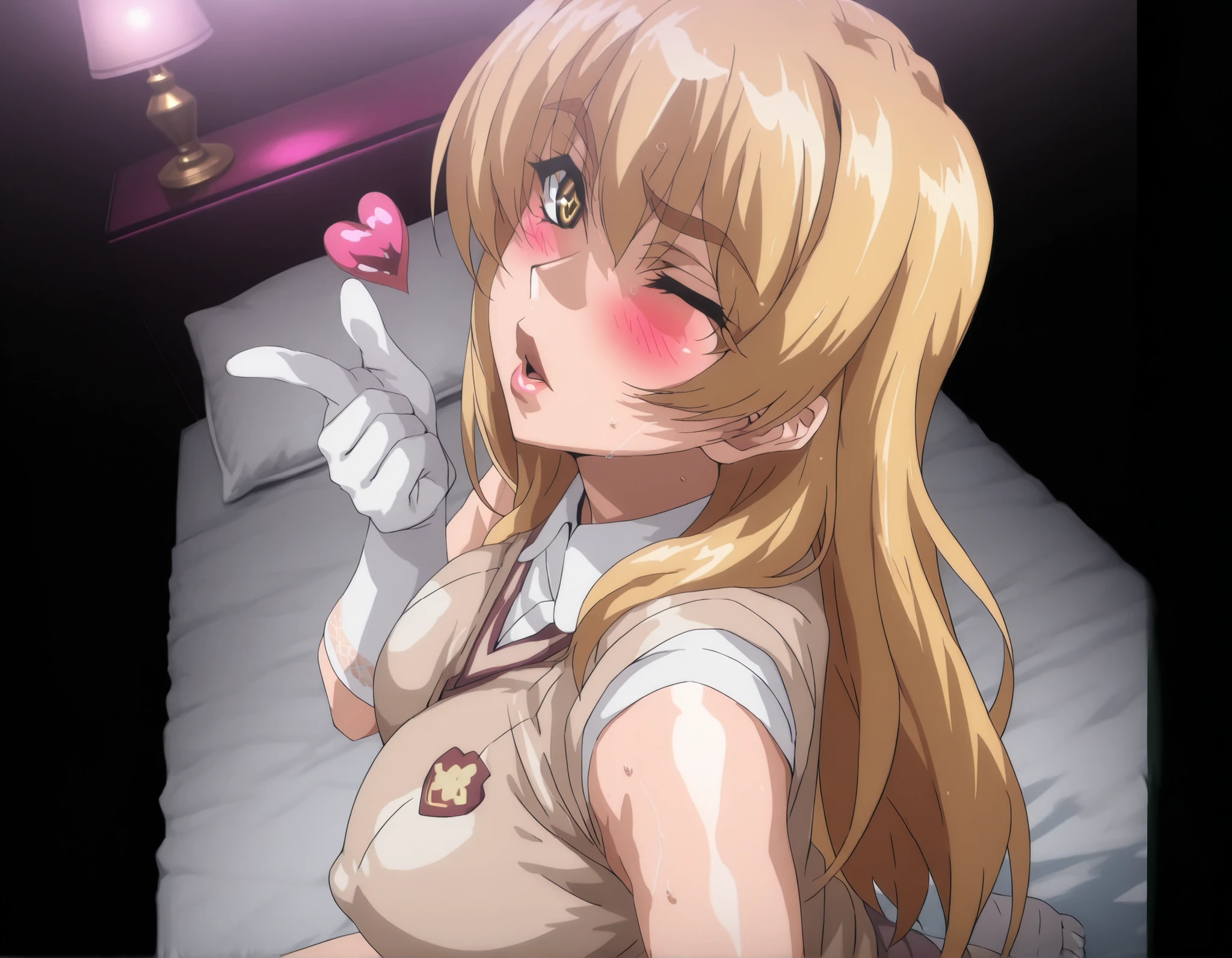 masterpiece,best image quality,超Fine,8k,very aesthetic, high resolution, perfect detail to raise your penis, faint light,high brightness, soft saturation ,detailed,deep color,rich color,dark colors,Amazingly Fine, detailed face,非常にhigh resolution ,8k, Unity,Beautiful Face,highly detailed background,Clear quality,high brightness contrast, light sparkles, wide image, (darkness background),(luxury hotel),(on bed),(pink Horizontal pillow),(lamp),(White bed sheet),(Luxury Hotel Bed),(Night view),(anatomically correct), glistening skin,(mur4k4mi-face),solo, 1mature female, (Toaru Kagaku no Railgun),(Misaki Shokuhou),(Tokiwadai uniform),(school uniform),(light brown sweater vest),(blond hai),(long hair),(yellow eyes), (white opera gloves:0.9),(Dewy finish),(symbol type pupils),Beautiful lips,(Fine,4k), Pretty Eyes,(Fine,4k,),(glistening body),(glistening skin),wariza,(blush:0.8), (blush lines).(embarrassed), (Lip gloss), (light frown),(closed mouth:0.5), (head tilt),(one eye closed:0.9),(steam:1.3),(wet:0.8),(large breasts:1.2),(nipple outline:0.9),(upper body),(from side:1.0),(facing to the side:1.0),(from above), looking at viewer,(dynamic angle:1.0),(rip focus),(Extremely close-up rip),(implied kiss),(blowing a kiss:1.3),(imminent kiss:1.2),(Throwing hearts:1.4),(Heart effect:1.1),
(;d),(4-finger heart hands),