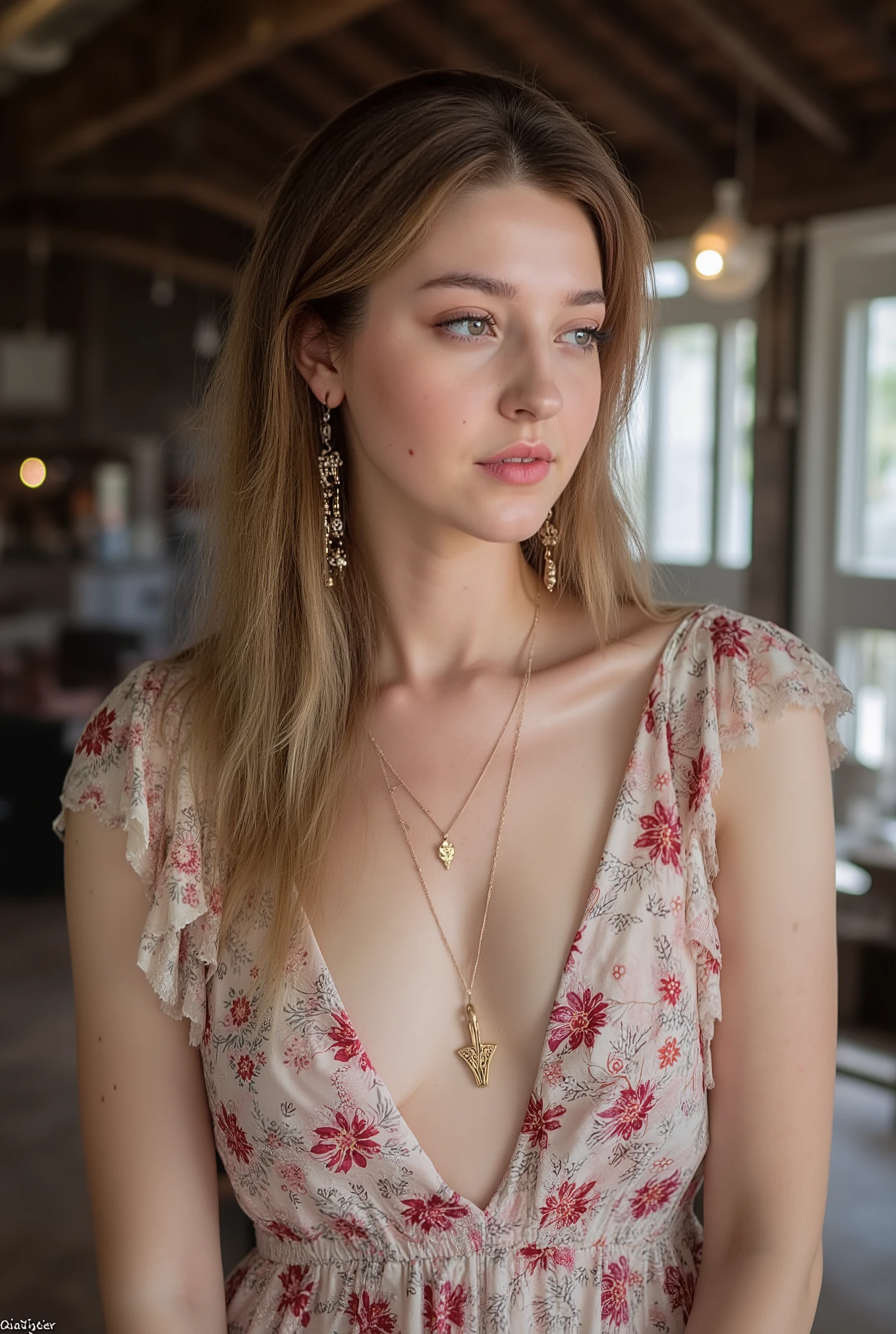 bright photo of beautiful girl wearing bohemian dress, inside a rustic house, necklace, dslr, studio lighting, high quality, light reflections, blood vessels, pale skin, detailed skin,