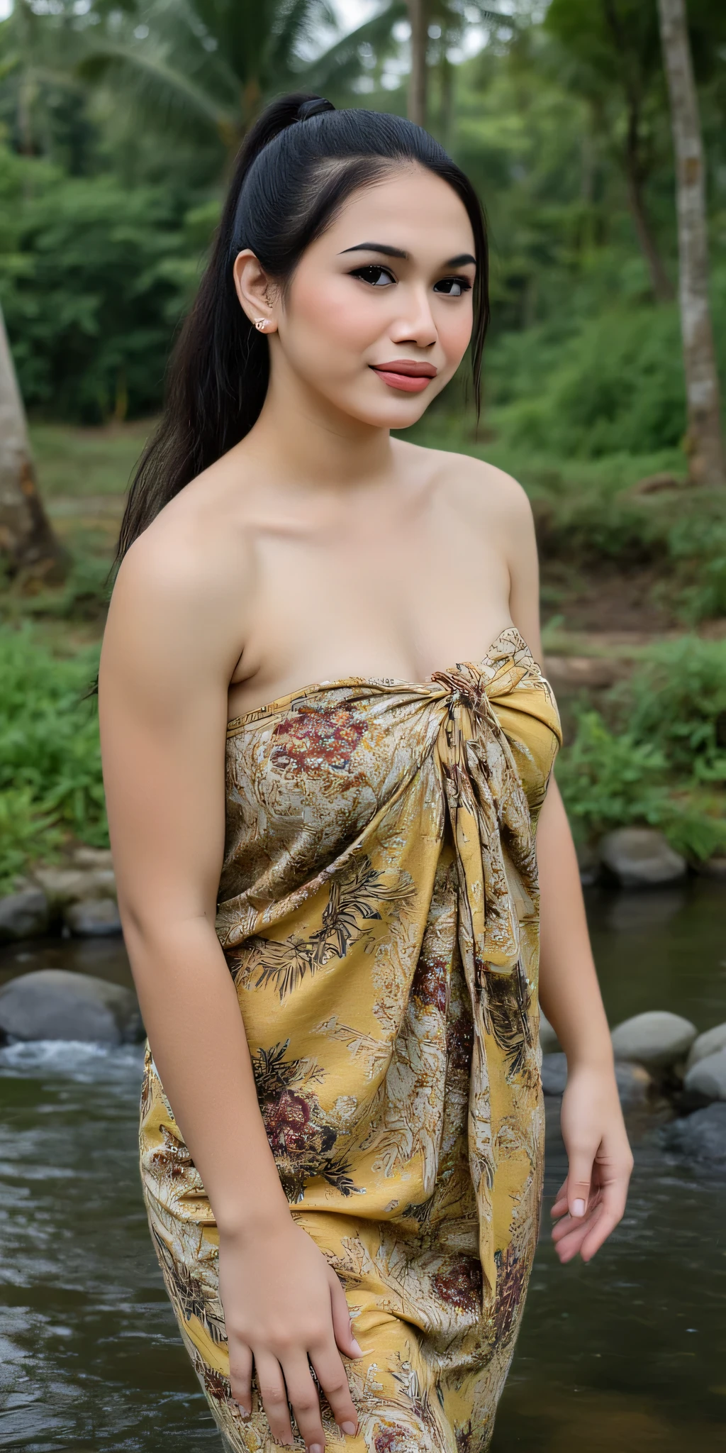 Full body.an Indonesian pretty woman. Attractive woman, wavy flowing Long dark black hair, high pony tail. Big eyes, dark eyes. Almond-shaped eyes, defined eyelashes. Her elbrows are well-groomed, dark and slightly arched. Her Lips is full-plump, natural pink and soft. Skin: smooth, clear, pale and fair. her face is oval face, soft features, subtle smile, calm expression and graceful face. Korean makeup. A Hot sexy hour glass body woman BENT OVER Straddle seductively in the drying clothes, wearing white yellow TORN-OLD-WEATHERED-FADED BATIK SARONGS BATIK , perfect cleavage, perfect breast , seductive eyes, passionate seductive pose, back view, hot sexy body figure. Lighting is rim light. Sophisticated.