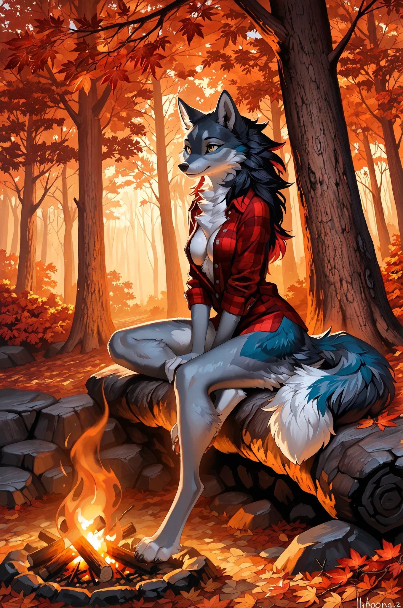 By hio,high quality, masterpiece, ultra-detailed, grey fur anthro wolf female, blue fur highlights, white belly fur, golden eyes, long flowing dark hair, wearing unbuttoned red flannel shirt, bare legs, sitting cross-legged near crackling campfire, autumn forest setting, orange and red falling leaves, maple trees, pine trees, dappled evening light through branches, cozy atmosphere, warm firelight illumination, realistic fur texture, relaxed pose, detailed face, forest floor covered in autumn leaves, smoke rising from campfire, stars visible through tree canopy, photorealistic style, intimate forest scene, digitigrade, white fingers and toes