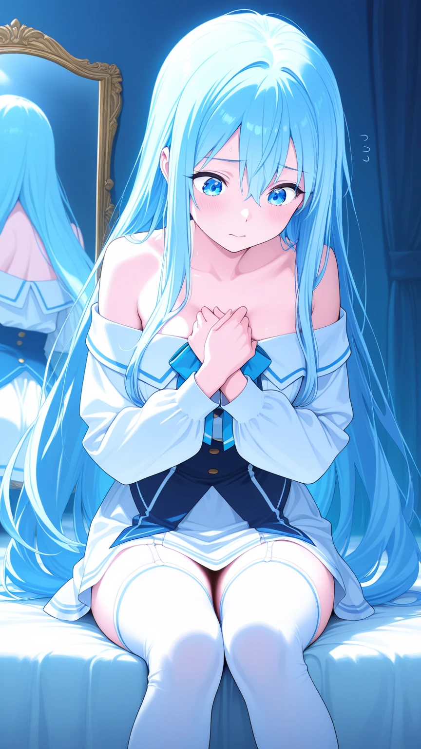 BREAK looking at viewer, BREAK (masterpiece:1.2), best quality, high resolution, unity 8k wallpaper, (illustration:0.8), (beautiful detailed eyes:1.6), extremely detailed face, perfect lighting, extremely detailed CG, (perfect hands, perfect ),onsen,hot springs, night,aqua, long hair, blue eyes, hair ornament, very long hair, blue hair, hair rings, single hair ring, hair bobbles,
skirt, shirt,wet shirt, thighhighs,  shoulders, detached sleeves, white thighhighs, blue skirt, blue shirt, green bow,,cleavege,neckline,sitting,,showing panties,wet panties,white panties,lace panties,.