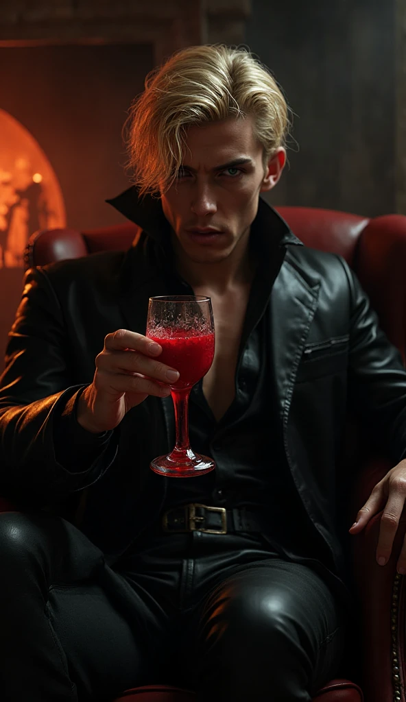 Vampyfangs1. a film still photo. 35mm. 4k. From a 2003 movie. A blonde haired vampire man with fangs sits on a red couch drinking a red cocktail. he's at a red themed bar. Dramatic lighting. Noir.