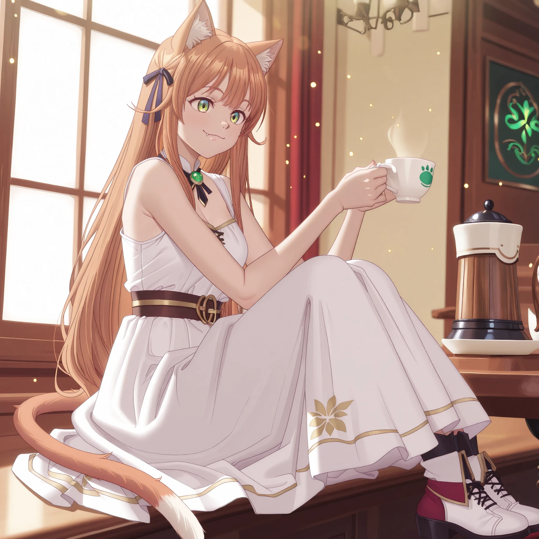 fullbody,masterpiece, best quality, (photorealistic:1.2), 1girl, kanade-default, green eyes, orange hair, long hair, animal ears, hair ribbon, fang, a cat tail, detailed eyes, anime eyes, high detail eyes, multicolored iris, detailed iris, anime style, a beautiful fortune teller smiling gently, gazing intently into a cup of latte, the latte art swirls into a mystical galaxy, glowing particles of light rising from the cup, sitting in a cozy and whimsical tearoom, soft warm lighting, intricate details.