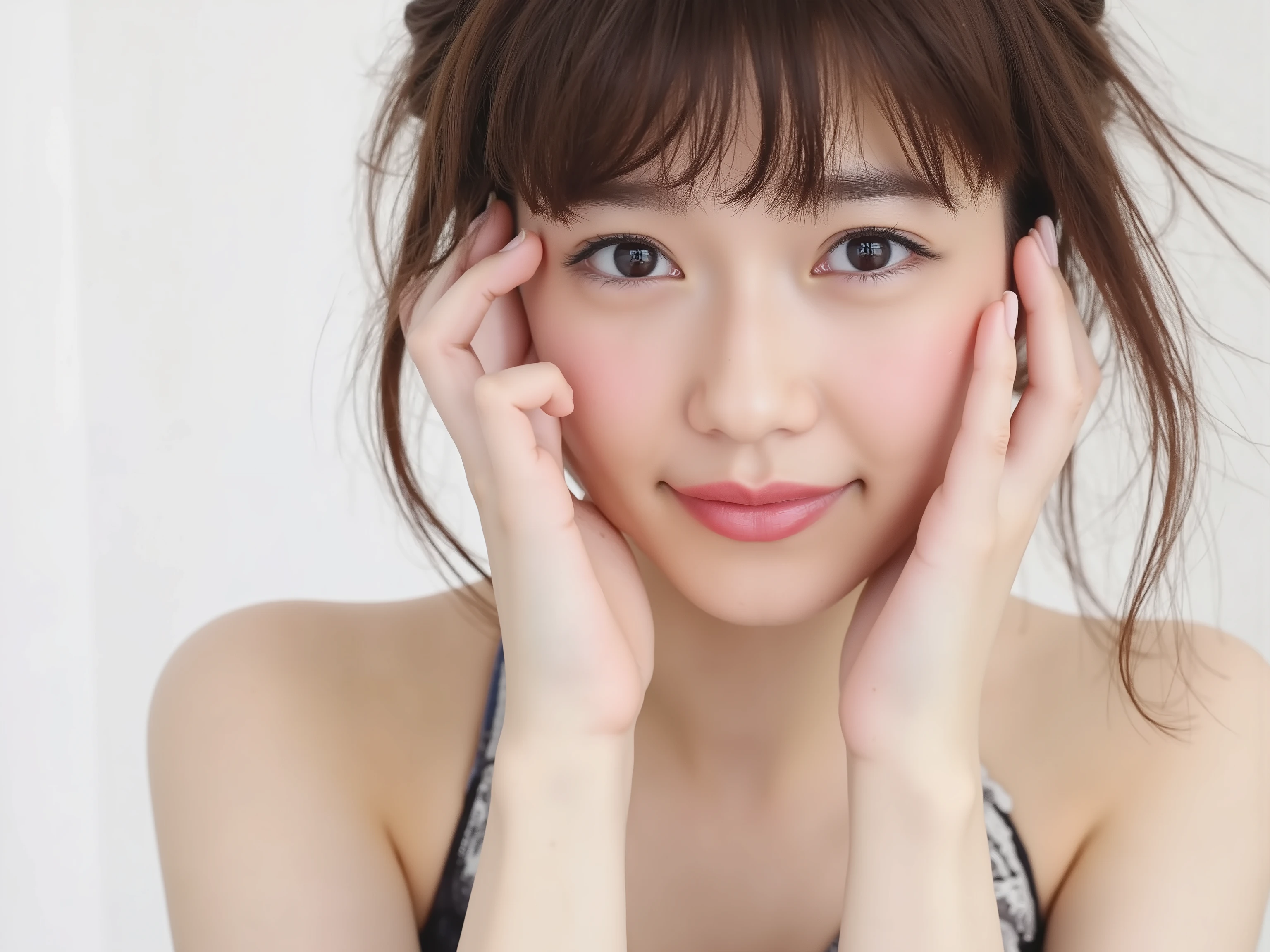 (Refined from an old photo, recreated in a modern, ultra high-quality photorealistic style, with a trendy Reiwa-era hairstyle: soft semi-long hair with natural waves and airy see-through bangs), 
Ultra photorealistic close-up portrait of a beautiful Japanese woman, 
upper-body shot, wearing a black outfit (completely out of frame, not visible), 
shoulders and collarbone softly exposed, 
both hands pressing her cheeks in a shy, lovestruck pose, 
sparkling eyes gazing dreamily at the viewer with overwhelming affection, 
cheeks blushing deeply with a sweet reddish glow, 
soft glossy lips curved into a bright, full, lovestruck smile, 
expression melting with love, playful, dreamy, adorably bashful, 
purely cute and lovestruck, overflowing with affection and warmth, 
realistic skin with detailed pores, subtle freckles, natural uneven tones, 
tiny imperfections for realism, soft peach fuzz visible, 
hair rendered with individual strands, slightly messy flow, natural matte shine, 
soft diffused cinematic lighting, natural depth, 
background pure white with gentle blur, 
(masterpiece, best quality, high resolution, intimate romantic close-up, cinematic magazine cover style)