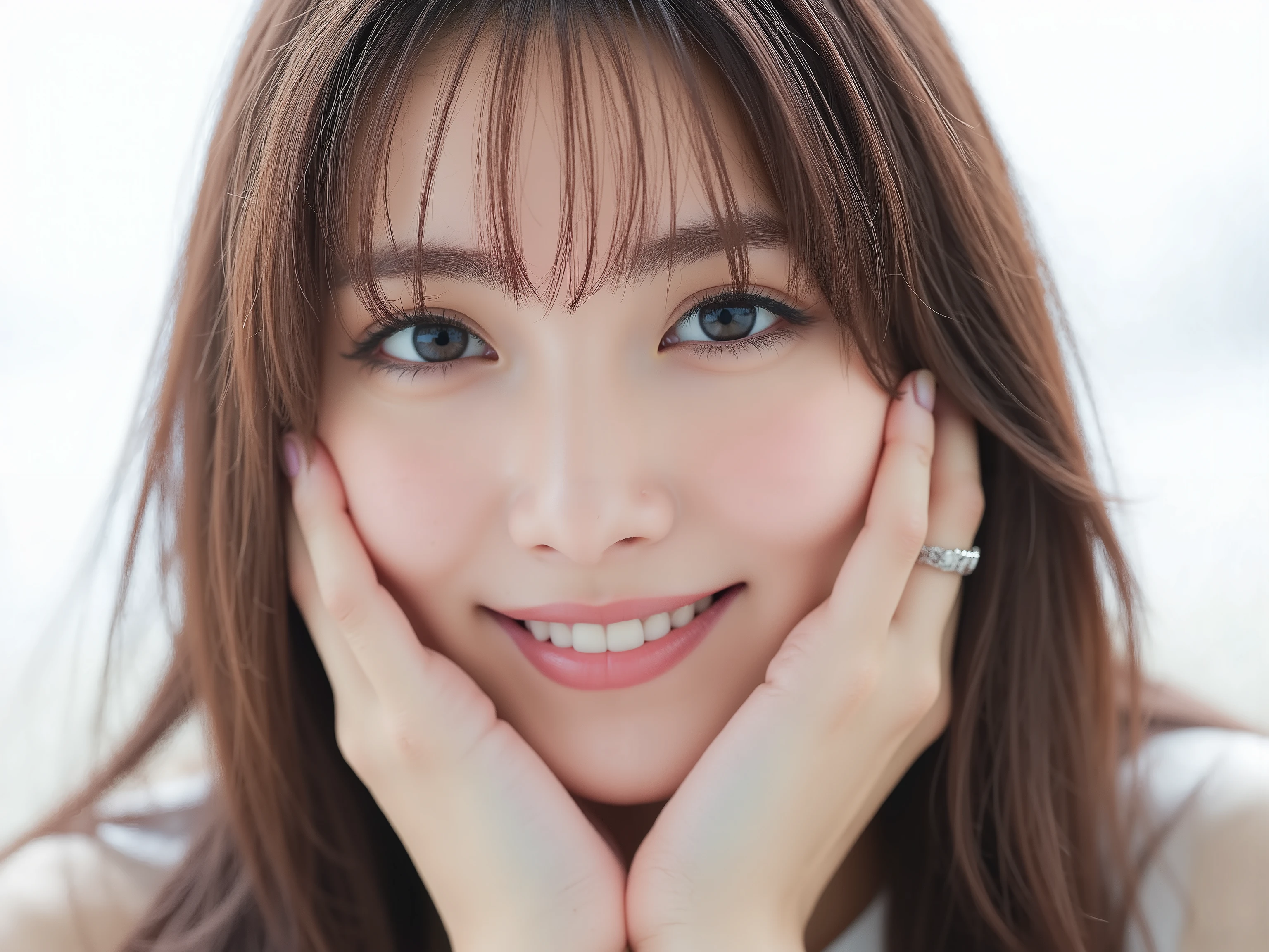 (Refined from an old photo, recreated in a modern, ultra high-quality photorealistic style, with a trendy Reiwa-era hairstyle: soft semi-long hair with natural waves and airy see-through bangs),
Ultra photorealistic close-up portrait of a beautiful Japanese woman,
upper-body shot, wearing a black outfit (completely out of frame, not visible),
shoulders and collarbone softly exposed,
both hands pressing her cheeks in a shy, lovestruck pose,
sparkling eyes gazing dreamily at the viewer with overwhelming affection,
cheeks blushing deeply with a sweet reddish glow,
soft glossy lips curved into a bright, full, lovestruck smile,
expression melting with love, playful, dreamy, adorably bashful,
purely cute and lovestruck, overflowing with affection and warmth,
realistic skin with detailed pores, subtle freckles, natural uneven tones,
tiny imperfections for realism, soft peach fuzz visible,
hair rendered with individual strands, slightly messy flow, natural matte shine,
soft diffused cinematic lighting, natural depth,
background pure white with gentle blur,
(masterpiece, best quality, high resolution, intimate romantic close-up, cinematic magazine cover style)