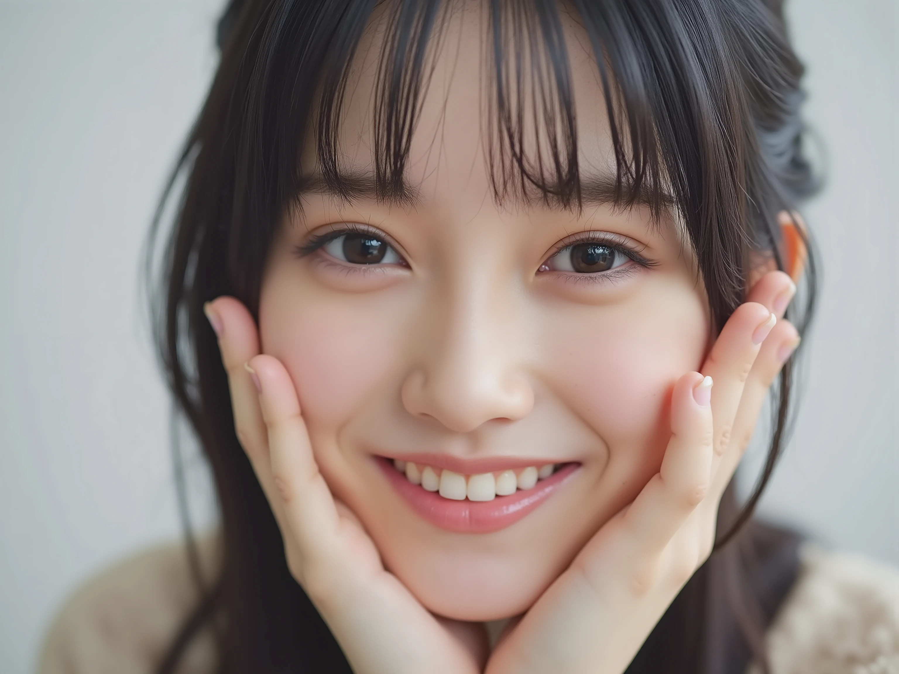 (Refined from an old photo, recreated in a modern, ultra high-quality photorealistic style, with a trendy Reiwa-era hairstyle: soft semi-long hair with natural waves and airy see-through bangs),
Ultra photorealistic close-up portrait of a beautiful Japanese woman,
upper-body shot, wearing a black outfit (completely out of frame, not visible),
shoulders and collarbone softly exposed,
both hands pressing her cheeks in a shy, lovestruck pose,
sparkling eyes gazing dreamily at the viewer with overwhelming affection,
cheeks blushing deeply with a sweet reddish glow,
soft glossy lips curved into a bright, full, lovestruck smile,
expression melting with love, playful, dreamy, adorably bashful,
purely cute and lovestruck, overflowing with affection and warmth,
realistic skin with detailed pores, subtle freckles, natural uneven tones,
tiny imperfections for realism, soft peach fuzz visible,
hair rendered with individual strands, slightly messy flow, natural matte shine,
soft diffused cinematic lighting, natural depth,
background pure white with gentle blur,
(masterpiece, best quality, high resolution, intimate romantic close-up, cinematic magazine cover style)
