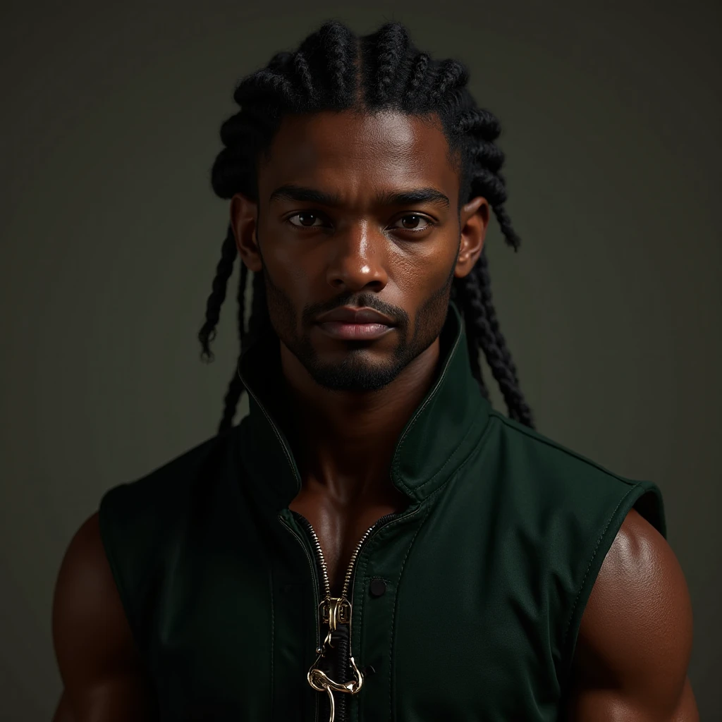 Handsome black man with a cornrow hairstyle, green eyes, no  hair & a tattoo wrapped around his neck featuring different animals. 