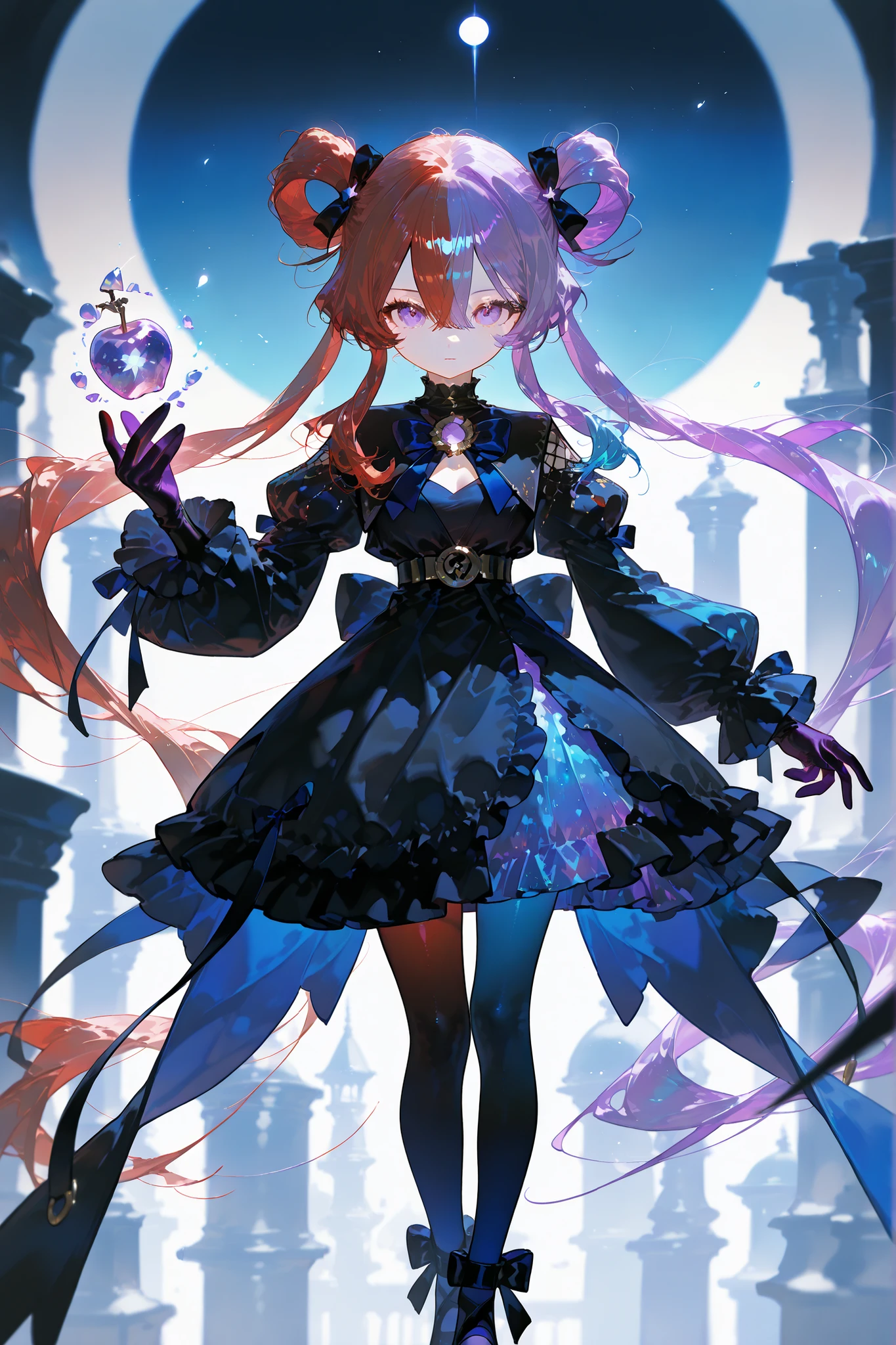 (MULTICOLORED HAIR, TWO-TONE HAIR,SPLIT-COLOR HAIR) The girl is a magician. She has pale skin and a petite, flat-chested build. She has big purple eyes with long eyelashes. She has two-tone red-and-blue color hair tied in two pigtails. She is wearing a long two-tone red-and-blue color vintage-style dress with a black collar, red ruffles,blue bows,and long white sleeves. She's wearing two-tone red-and-blue color tights. She's wearing black Mary Jane shoes with three straps. She has a gold brooch with a red and blue stone. She holds a crystal apple in her hand. (IN the background:The palace is in a cave, purple amethyst crystals grow everywhere.)