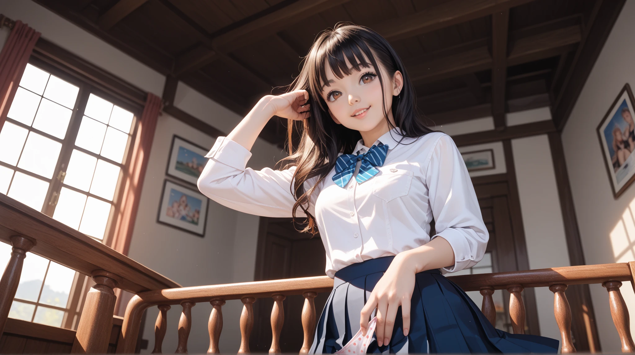 Mischievous and playful girl ,big brest,,Tongue out,slaves,Saliva, droolng, All sweaty, Covered in sweat,school uniform,classroom,JapaneseJK,((Blue sky and realistic clouds outside the window))(wooden floor)