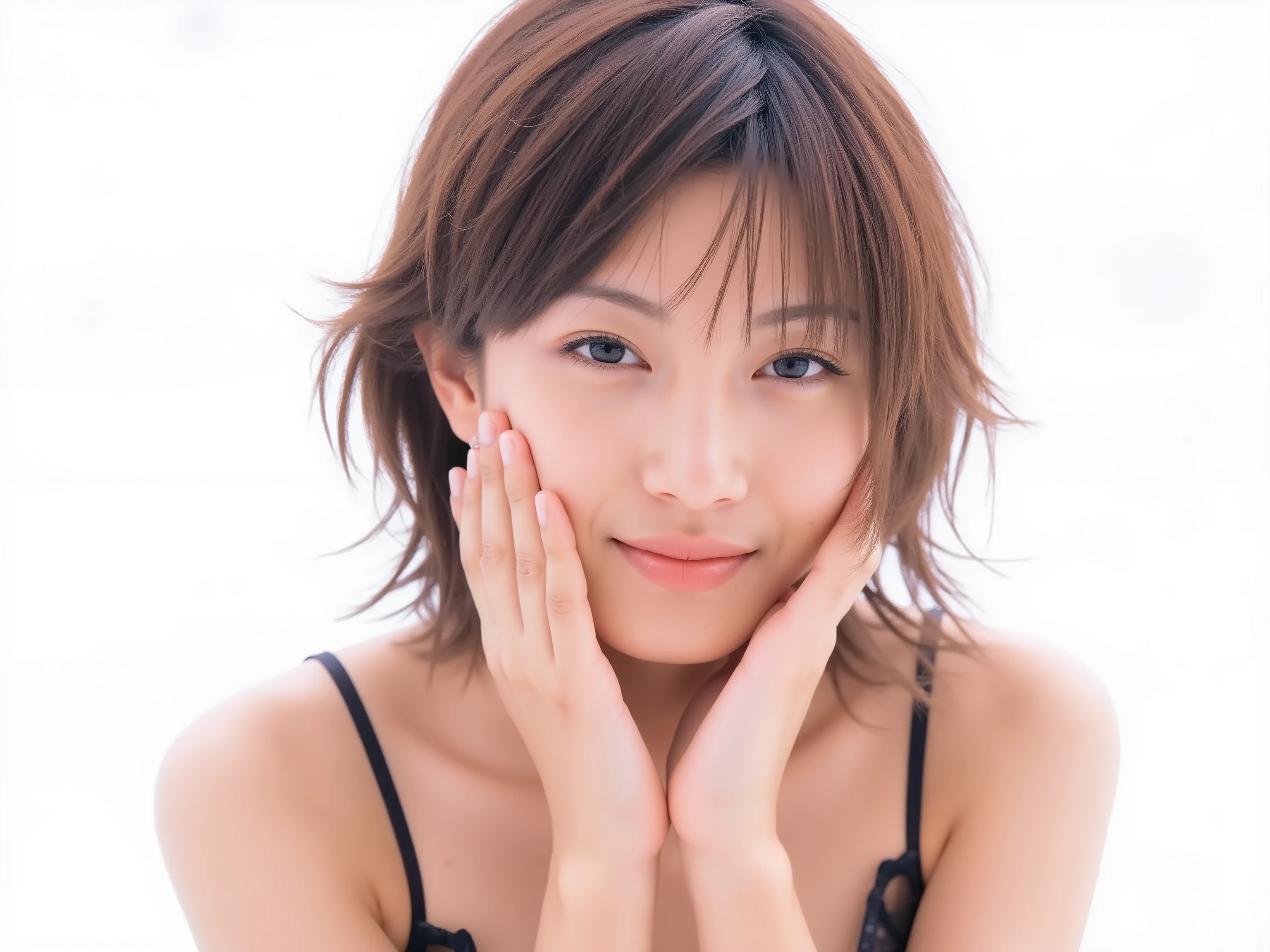 (Refined from an old photo, recreated in a modern, ultra high-quality photorealistic style, with a trendy Reiwa-era hairstyle: soft semi-long hair with natural waves and airy see-through bangs), 
Ultra photorealistic close-up portrait of a beautiful Japanese woman, 
upper-body shot, wearing a black outfit (completely out of frame, not visible), 
shoulders and collarbone softly exposed, 
both hands pressing her cheeks in a shy, lovestruck pose, 
sparkling eyes gazing dreamily at the viewer with overwhelming affection, 
cheeks blushing deeply with a sweet reddish glow, 
soft glossy lips curved into a bright, full, lovestruck smile, 
expression melting with love, playful, dreamy, adorably bashful, 
purely cute and lovestruck, overflowing with affection and warmth, 
realistic skin with detailed pores, subtle freckles, natural uneven tones, 
tiny imperfections for realism, soft peach fuzz visible, 
hair rendered with individual strands, slightly messy flow, natural matte shine, 
soft diffused cinematic lighting, natural depth, 
background pure white with gentle blur, 
(masterpiece, best quality, high resolution, intimate romantic close-up, cinematic magazine cover style)