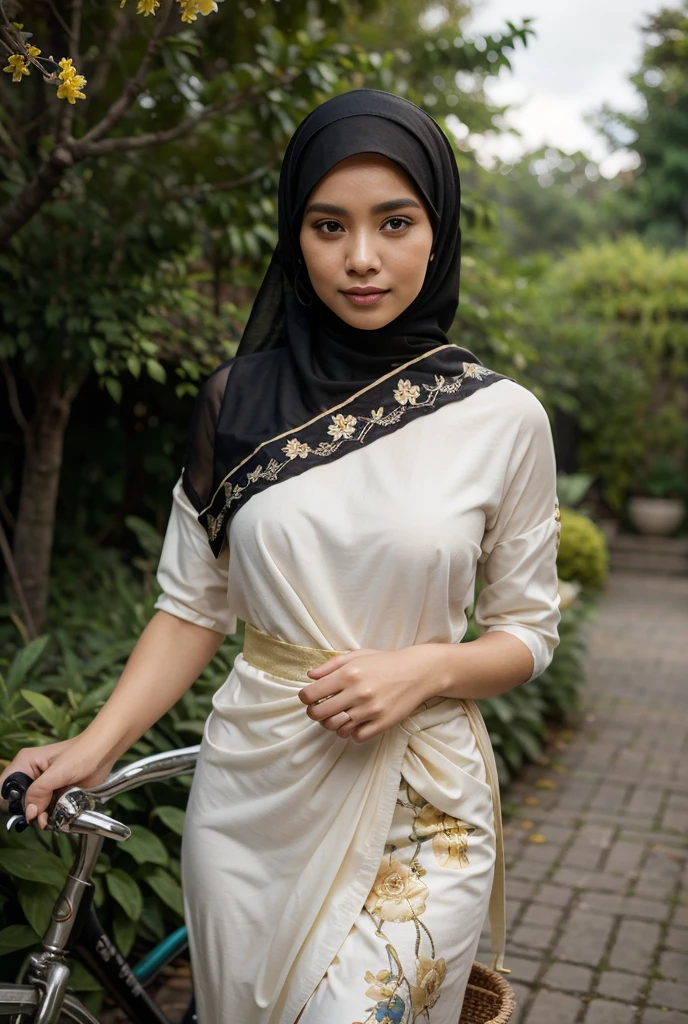 A 12 years old Indonesian woman in cream color hijab, wearing cream color lace tight t-shirt, wearing very short cream color lace skirt, skirtlift, villager, poor woman, darker skin, curvier body, short body, smiling and standing in a dark forest, look to the viewer with eye close