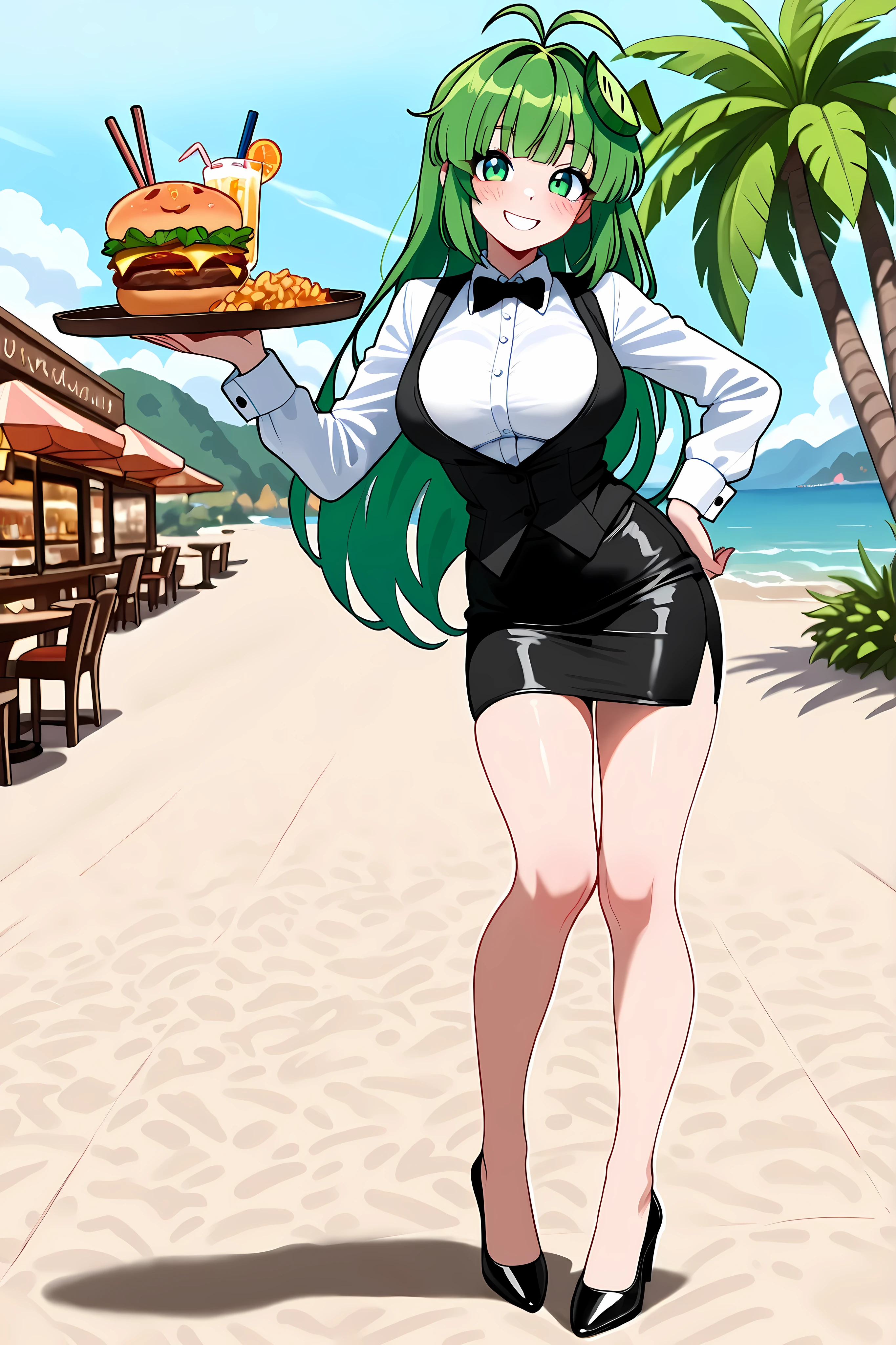 Vannamelon, waitress, formal, black vest, white shirt, medium size breasts, black skirt, pencil skirt, black heels, holding a tray of food in one hand, smiling, posing. Beach background, restaurant, sunny day