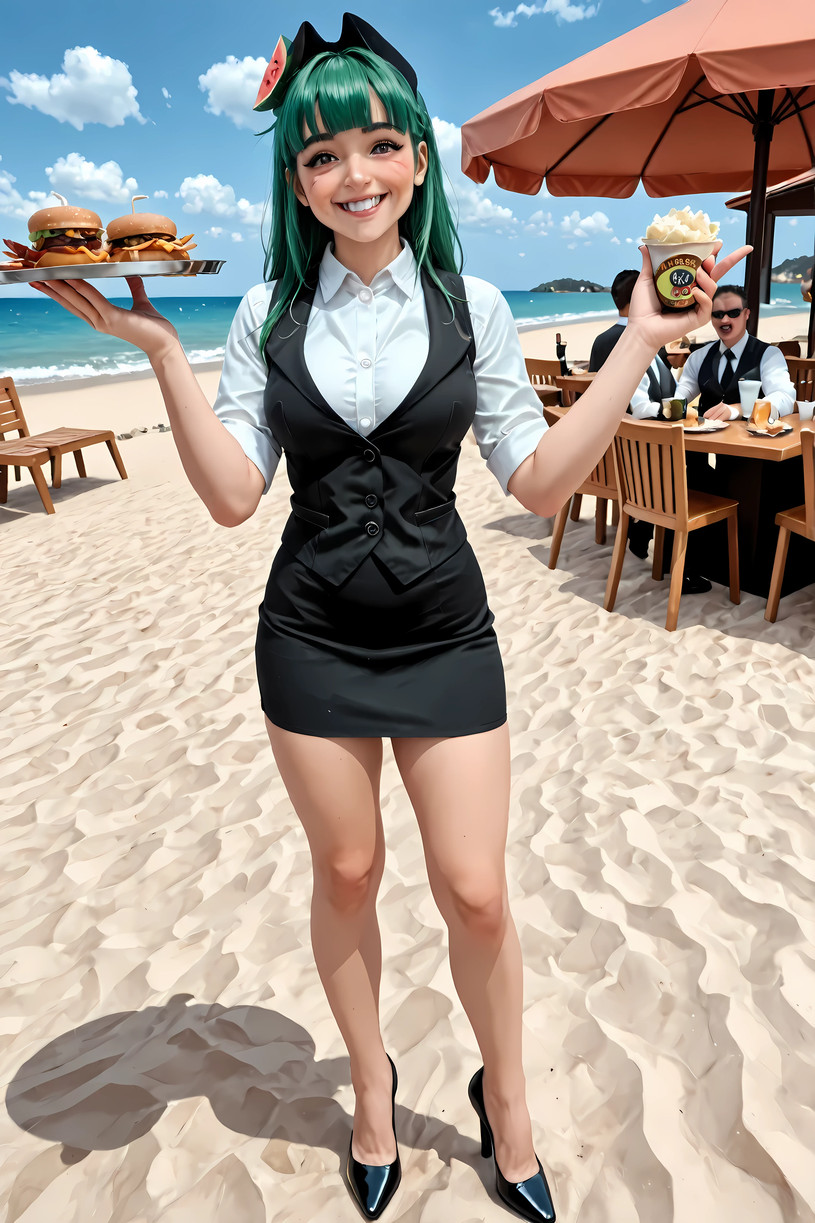 Vannamelon, waitress, formal, black vest, white shirt, medium size breasts, black skirt, pencil skirt, black heels, holding a tray of food in one hand, smiling, posing. Beach background, restaurant, sunny day