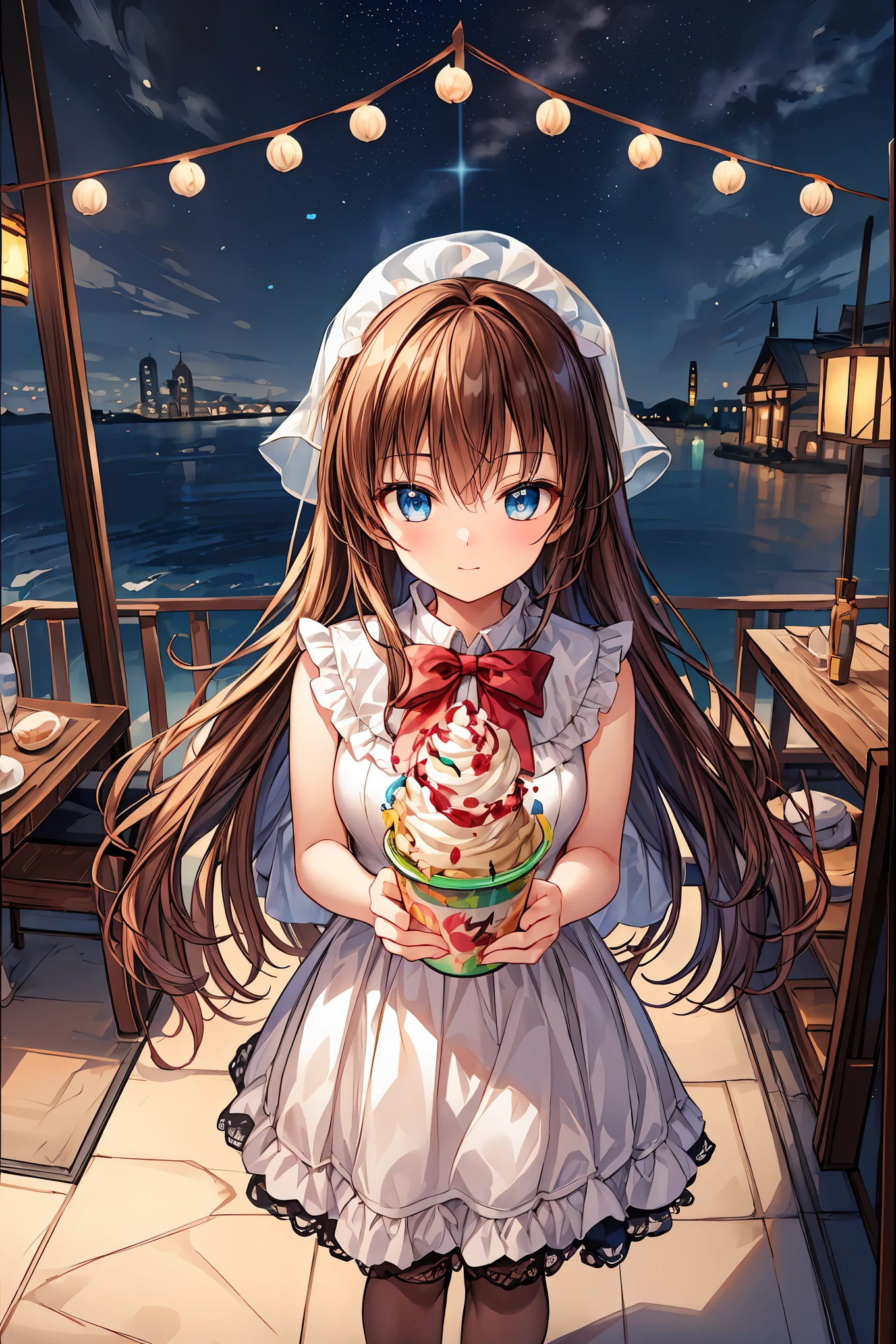 ((((soft serve)))),high school girl, blazer,Veil in the hair,((Fine Dining Shop)),fortune telling after eating, Fortune Teller,(( Fortune Tellerの神秘的な衣装)),((from above:1.2)),high-end restaurant,Late Night,High Quality,4K resolution,HD,extreme detail depiction,Realistic,Textures Like the Picture,studio lighting,Natural Bokeh ,dramatic lighting,mysterious atmosphere,Occult,secret fortune-telling,astrology,Fortune telling ceremony, Fortune Tellerの結晶玉,Fortune telling accessories,Night view,All,neon sign,high-density colors,bright colors,beautiful eyes,A delicate smile,Textured Skin,masterpiece,Kilo,best quality,gentle and beautiful woman,