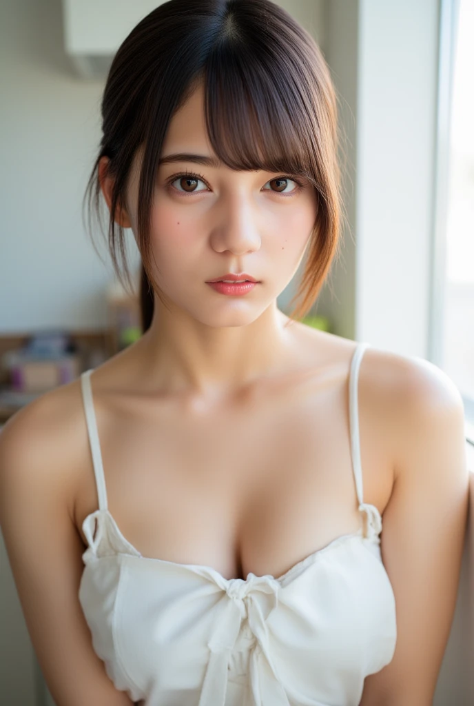 masterpiece、highest quality、16K、soft light、professional lighting、Pale shading、Weak contrast、Japanese、beautiful girl、daytime office、Window seat、sitting in front of the computer、Tight tank top that clings to the ???????、The skin is visible through the fabric、(smooth and beautiful thighs:1.6）、(small ??????:1.0)、Faint cleavage、fine and beautiful eyes、（cute hanging eyes）、（thin eyebrows）、（thin lips）、gentle smile、(long wavy hair、high ponytail),(The bangs are see-through bangs)、