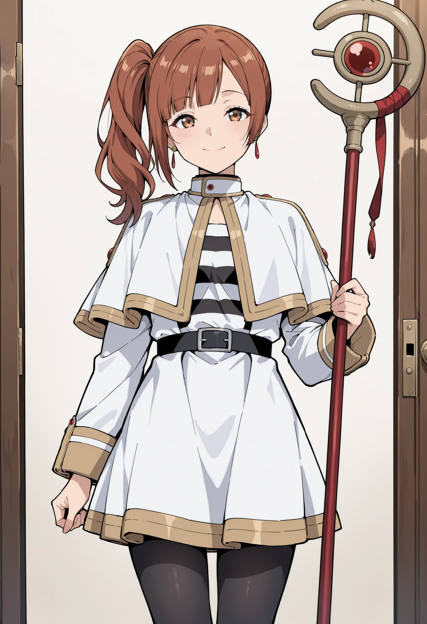 Score_9, score_8_up, score_7_up, source_anime, igarashi kyoko, solo, side ponytail, brown hair, brown eyes, (best quality), (high quality), {masterpiece}, extremely delicate and beautiful, ultra-detailed, beautiful detailed eyes, <lora:frieren-cosplay-illustriousxl-lora-nochekaiser:1>, frieren cosplay, frieren (cosplay), shirt, long sleeves, jewelry, pantyhose, earrings, striped, black pantyhose, capelet, striped shirt, skirt, white skirt, prairie, holding staff, smile, closed mouth, standing