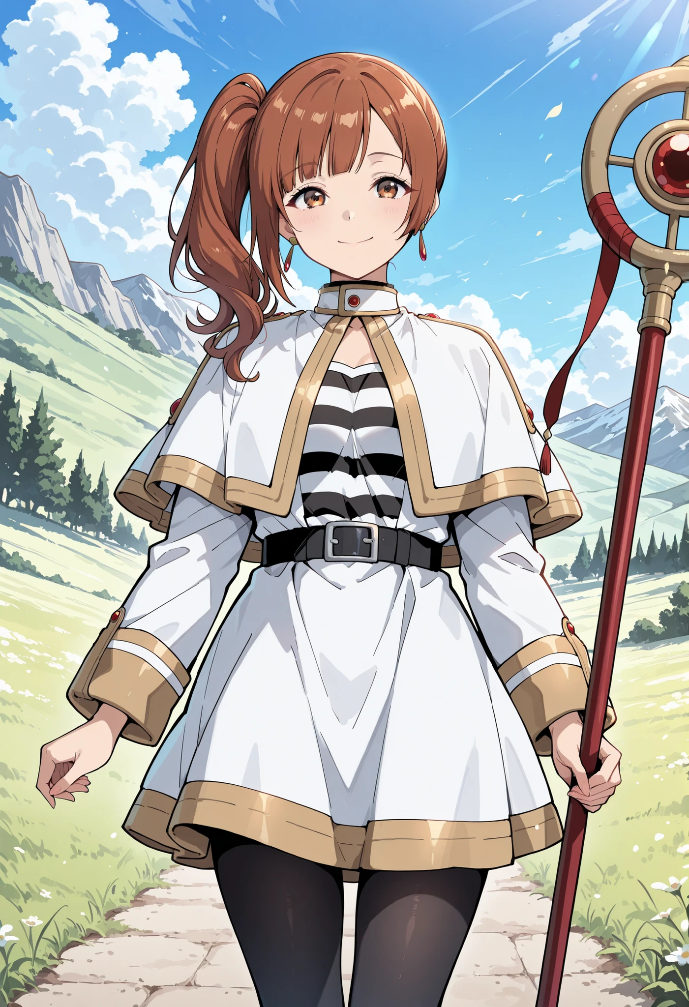 Score_9, score_8_up, score_7_up, source_anime, igarashi kyoko, solo, side ponytail, brown hair, brown eyes, (best quality), (high quality), {masterpiece}, extremely delicate and beautiful, ultra-detailed, beautiful detailed eyes, <lora:frieren-cosplay-illustriousxl-lora-nochekaiser:1>, frieren cosplay, frieren (cosplay), shirt, long sleeves, jewelry, pantyhose, earrings, striped, black pantyhose, capelet, striped shirt, skirt, white skirt, prairie, holding staff, smile, closed mouth, standing