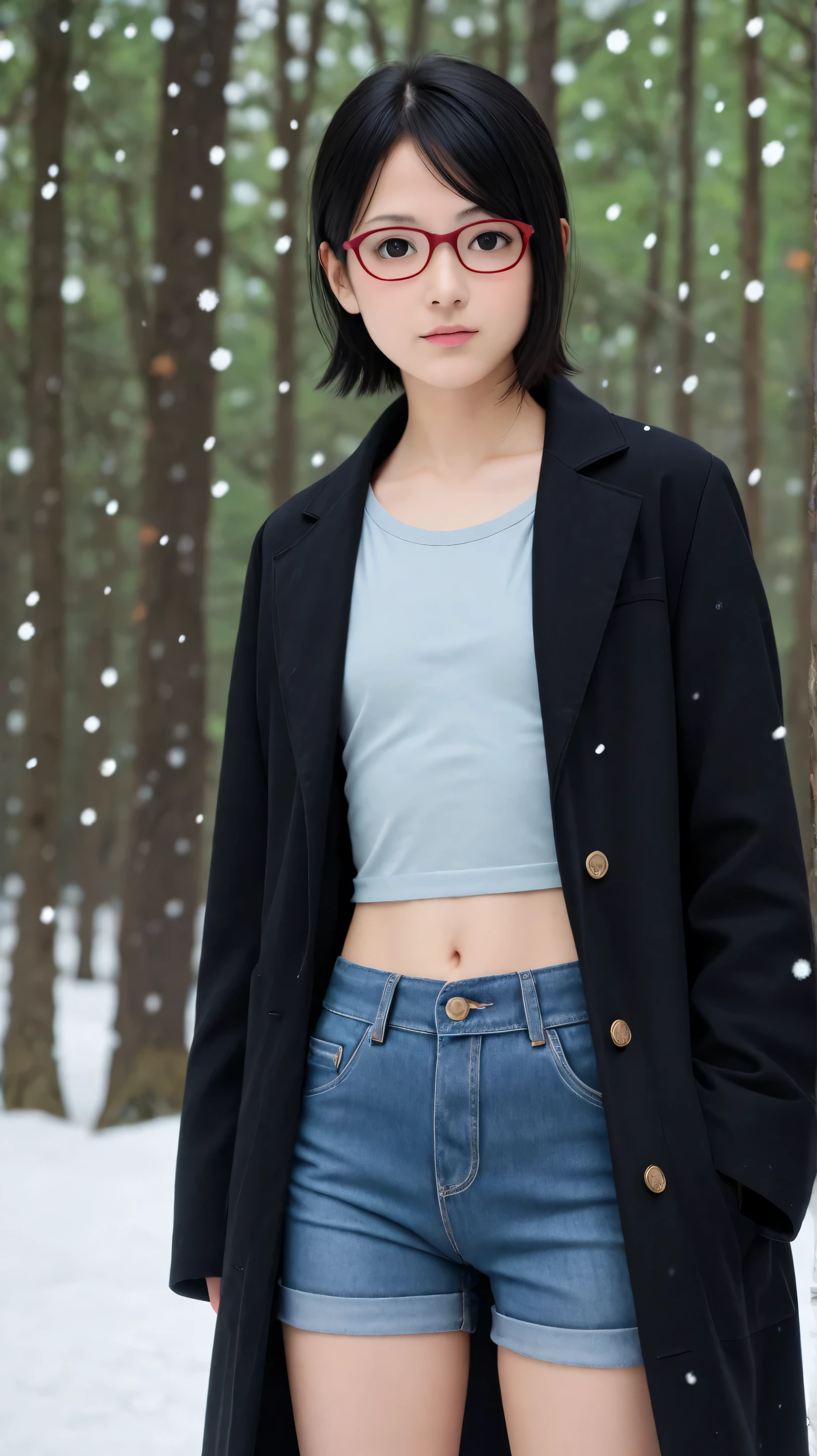 Masterpiece, best quality, 8k, ultra high resolution, photorealistic, cinematic composition,1girl, solo,sarada uchiha,black eyes,black hair,outdoors,potrait,flat chest,wearing glasses,short hair, standing under snowfall,(wear black coat:1.5),front view,winter background,shorts pants,forest