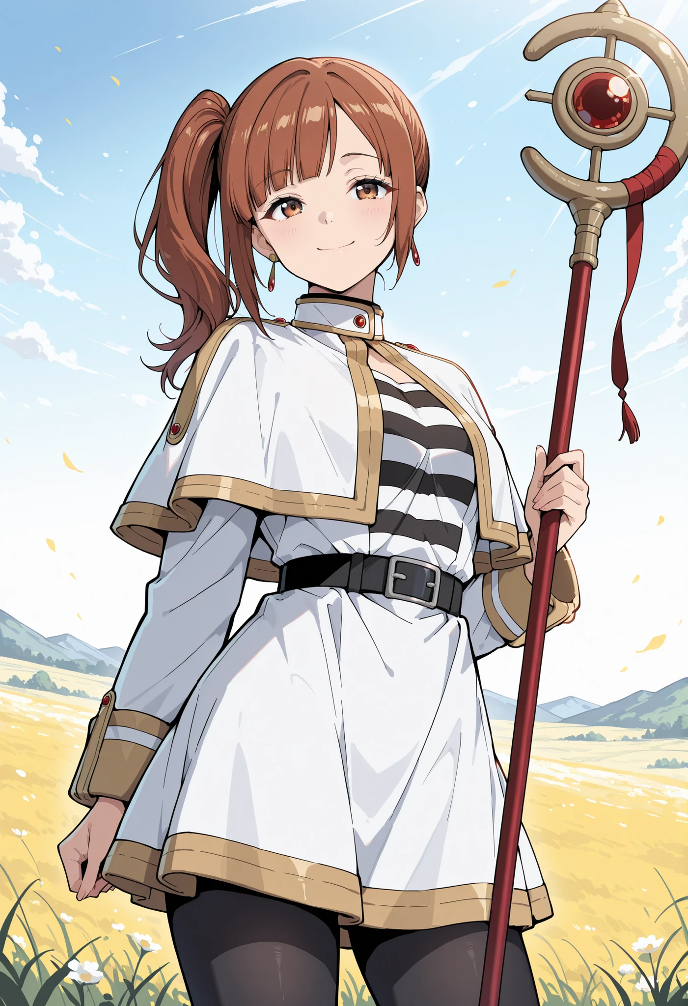 Score_9, score_8_up, score_7_up, source_anime, igarashi kyoko, solo, side ponytail, brown hair, brown eyes, (best quality), (high quality), {masterpiece}, extremely delicate and beautiful, ultra-detailed, beautiful detailed eyes, <lora:frieren-cosplay-illustriousxl-lora-nochekaiser:1>, frieren cosplay, frieren (cosplay), shirt, long sleeves, jewelry, pantyhose, earrings, striped, black pantyhose, capelet, striped shirt, skirt, white skirt, prairie, holding staff, smile, closed mouth, standing