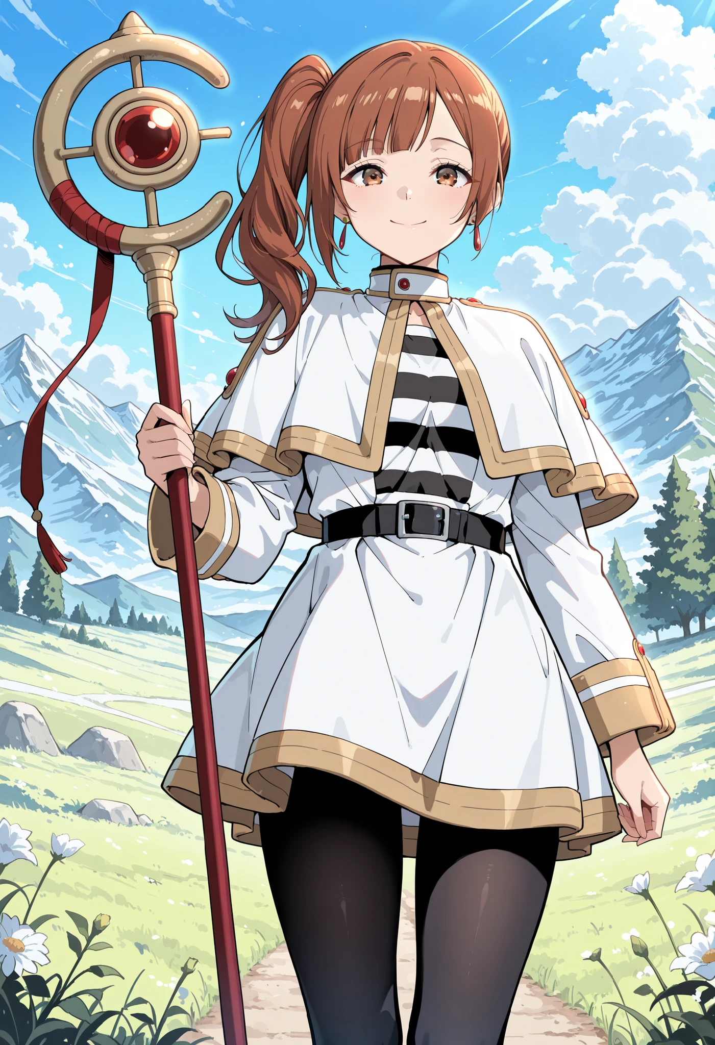 Score_9, score_8_up, score_7_up, source_anime, igarashi kyoko, solo, side ponytail, brown hair, brown eyes, (best quality), (high quality), {masterpiece}, extremely delicate and beautiful, ultra-detailed, beautiful detailed eyes, <lora:frieren-cosplay-illustriousxl-lora-nochekaiser:1>, frieren cosplay, frieren (cosplay), shirt, long sleeves, jewelry, pantyhose, earrings, striped, black pantyhose, capelet, striped shirt, skirt, white skirt, prairie, holding staff, smile, closed mouth, standing